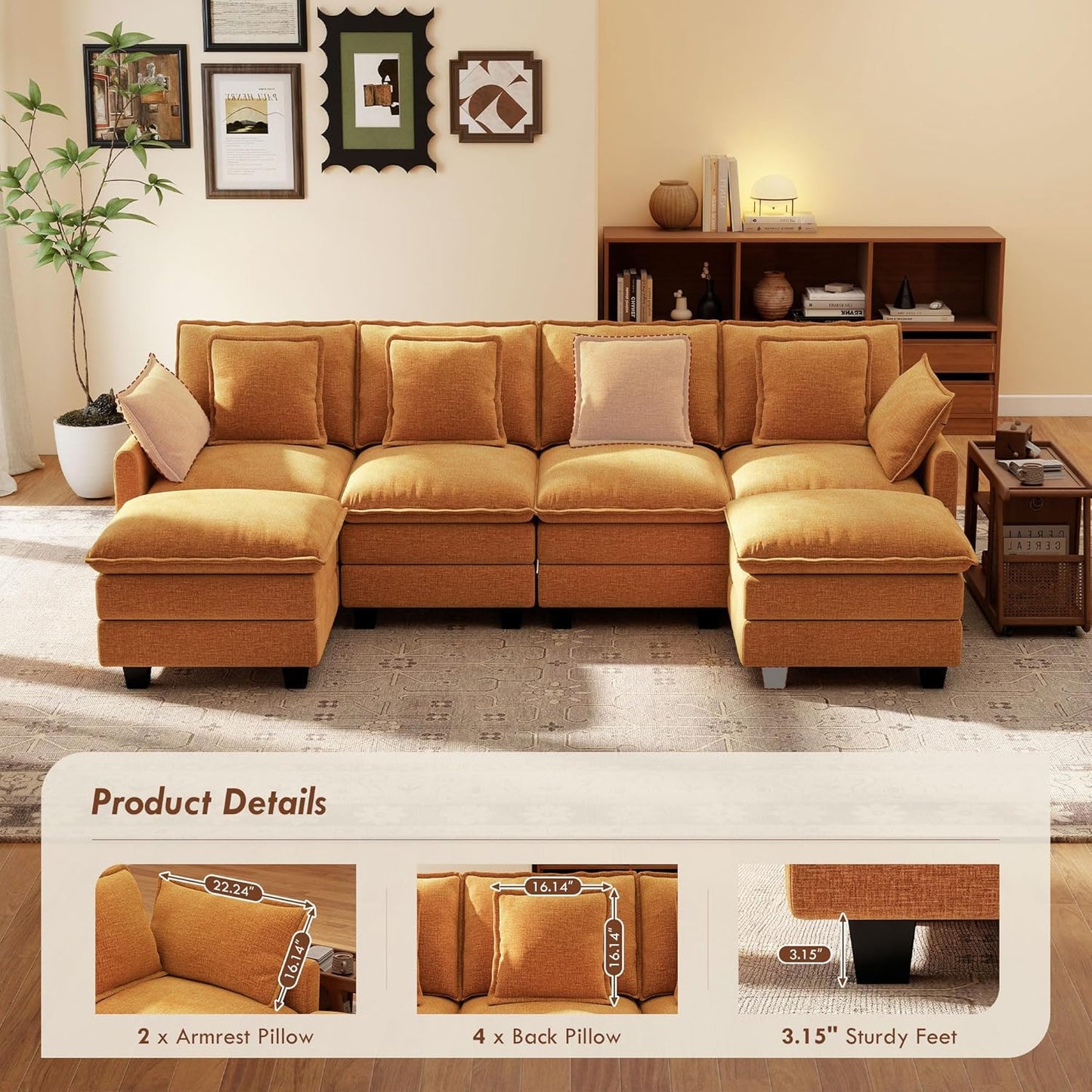 Ihanherry 106" L Shaped Modular Sectional Cloud Sofa, Modern 6 Seat Chenille Couch with Ottoman for Living Room, Bedroom and Apartment, Orange