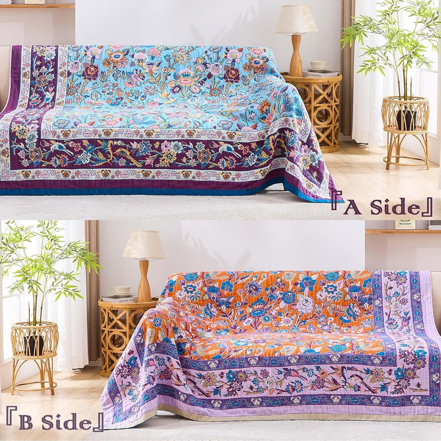 Fall Blanket for Bed, 100% Cotton Soft Rustic Boho Throw Blanket Quilt, 50"x60" Farmhouse Decor Bed Flower Blankets, Light Weight Reversible Bohemian Throw Quilt