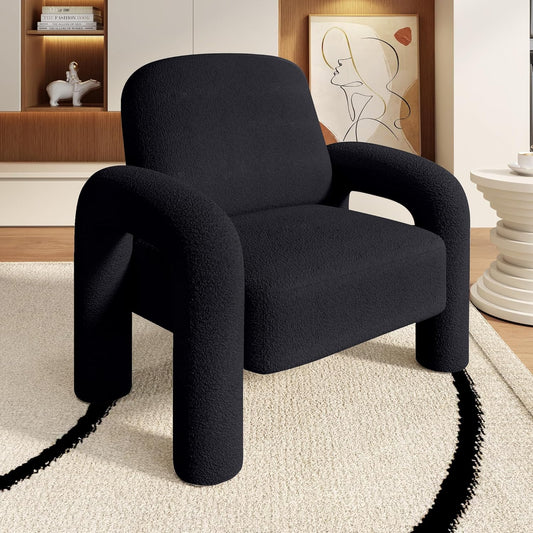 Modern Sherpa Accent Chair, Teddy Upholstered Arm Single Sofa, Cozy Fluffy Reading Chair for Living Room, Bedrooms, Corner (Black)