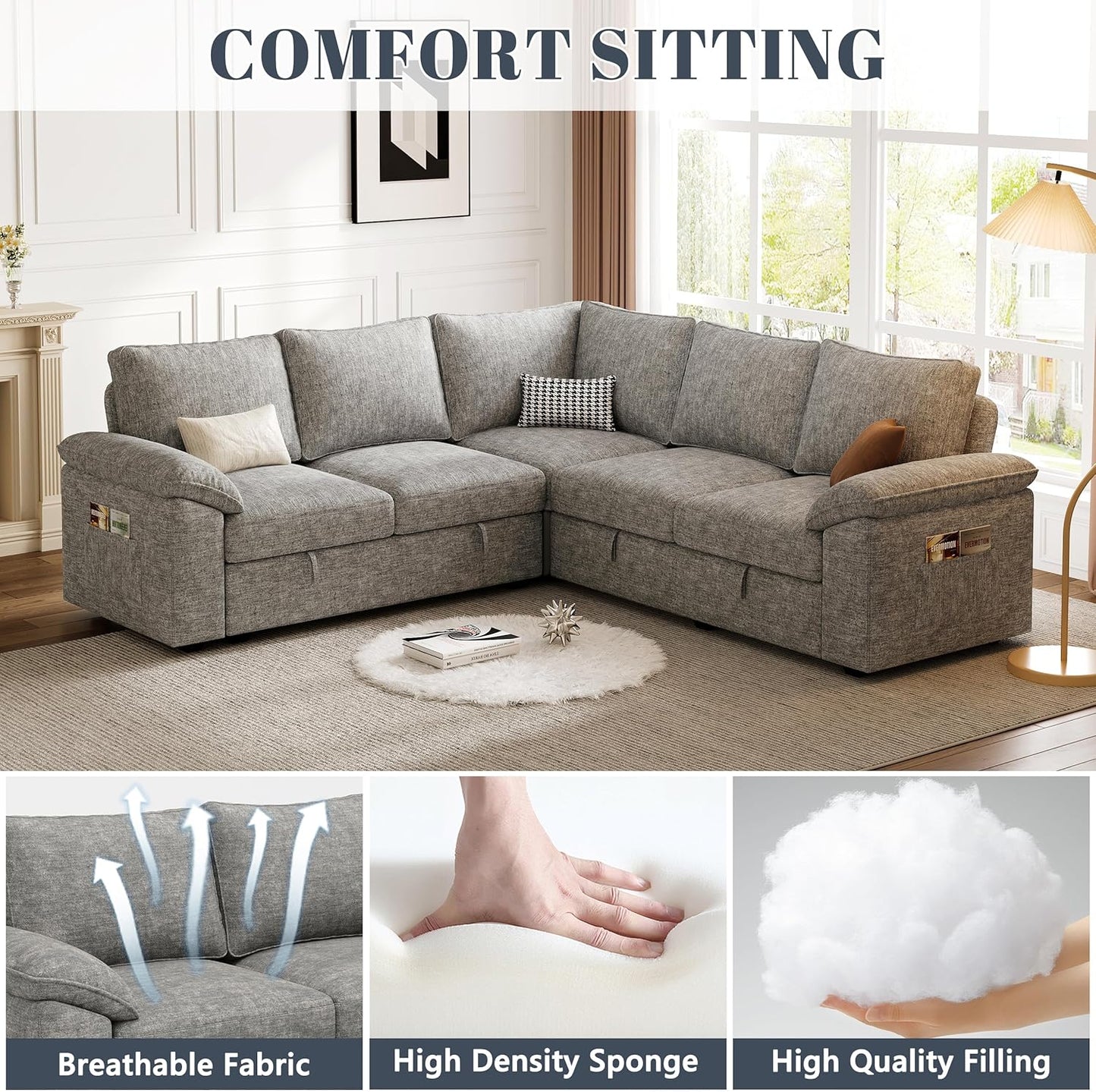 85 Inch Modular Sectional Sofa with Pull Out Bed,L Shaped 5 Seat Sectional Sleeper Sofa with Storage,Sectional Couches for Living Room,Cloud Modular Couch,Removable Sofa Cover,Light Gray