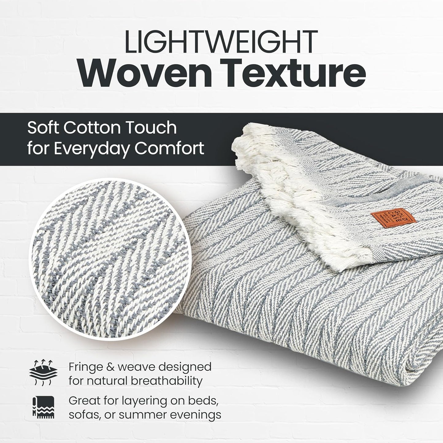 Gold Case Throw Blanket for Couch – 100% Recycled Turkish Cotton Blankets & Throws – Elegant Decorative Throw Blankets for Living Room Sofa – Woven Throws for Couch – Vintage Grey– 60x80