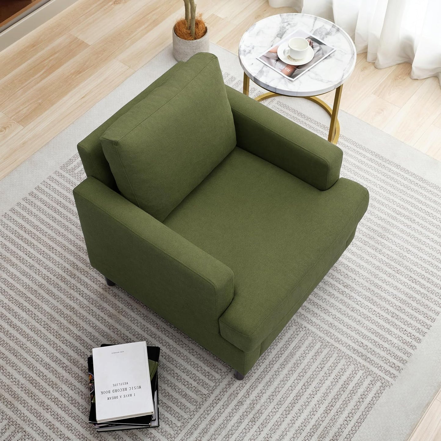 Mid-Century Accent Chair,Modern Linen Fabric Armchair for Living Room,Comfy Upholstered Reading Accent Chairs for Bedroom,Single Sofa Chair with Wood Legs (Green, 1 Pack)