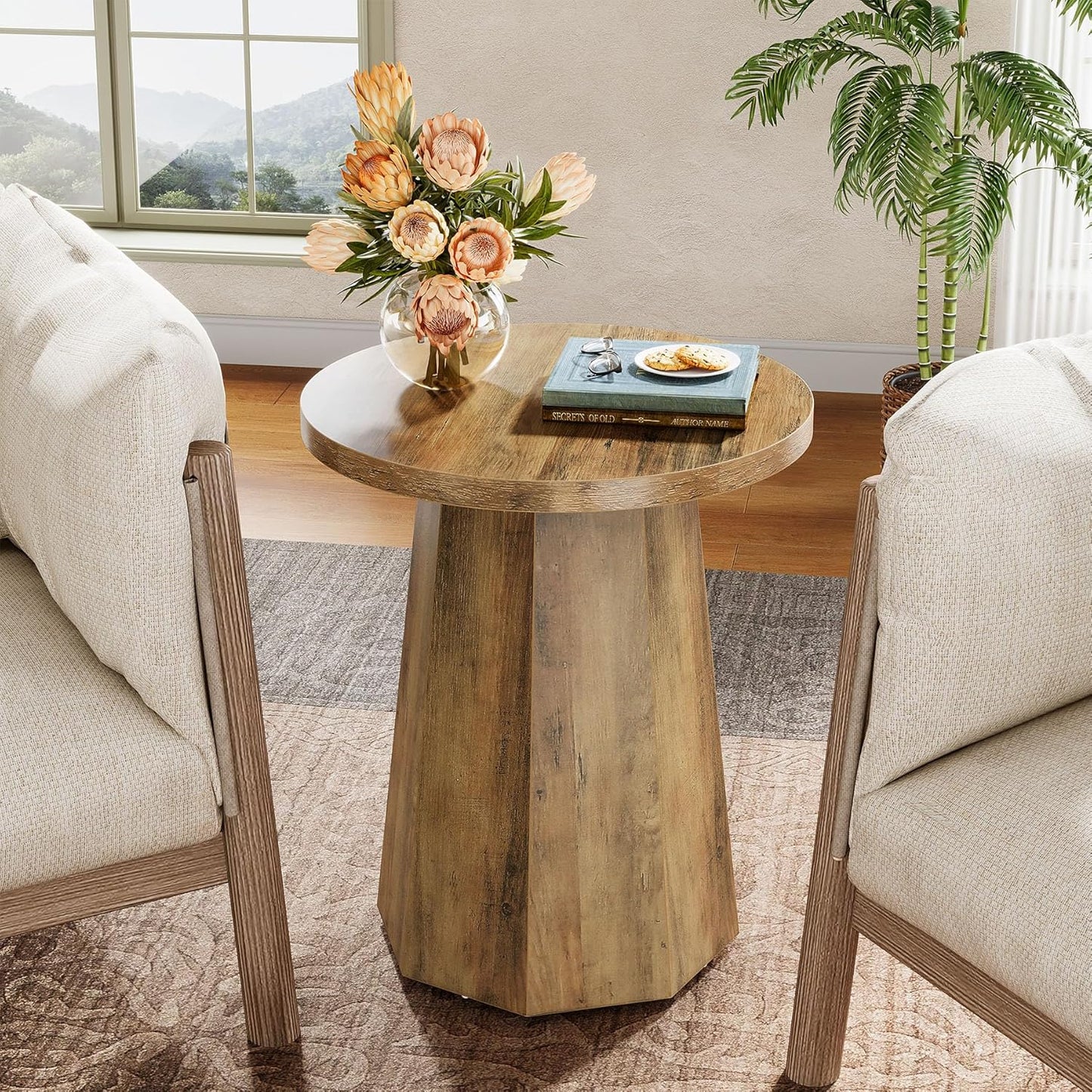 Tribesigns Round Pedestal End Table, Farmhouse Couch Side Table with Octagonal Base, Nightstand Accent Wooden Drink Stand (1, Rustic Brown)