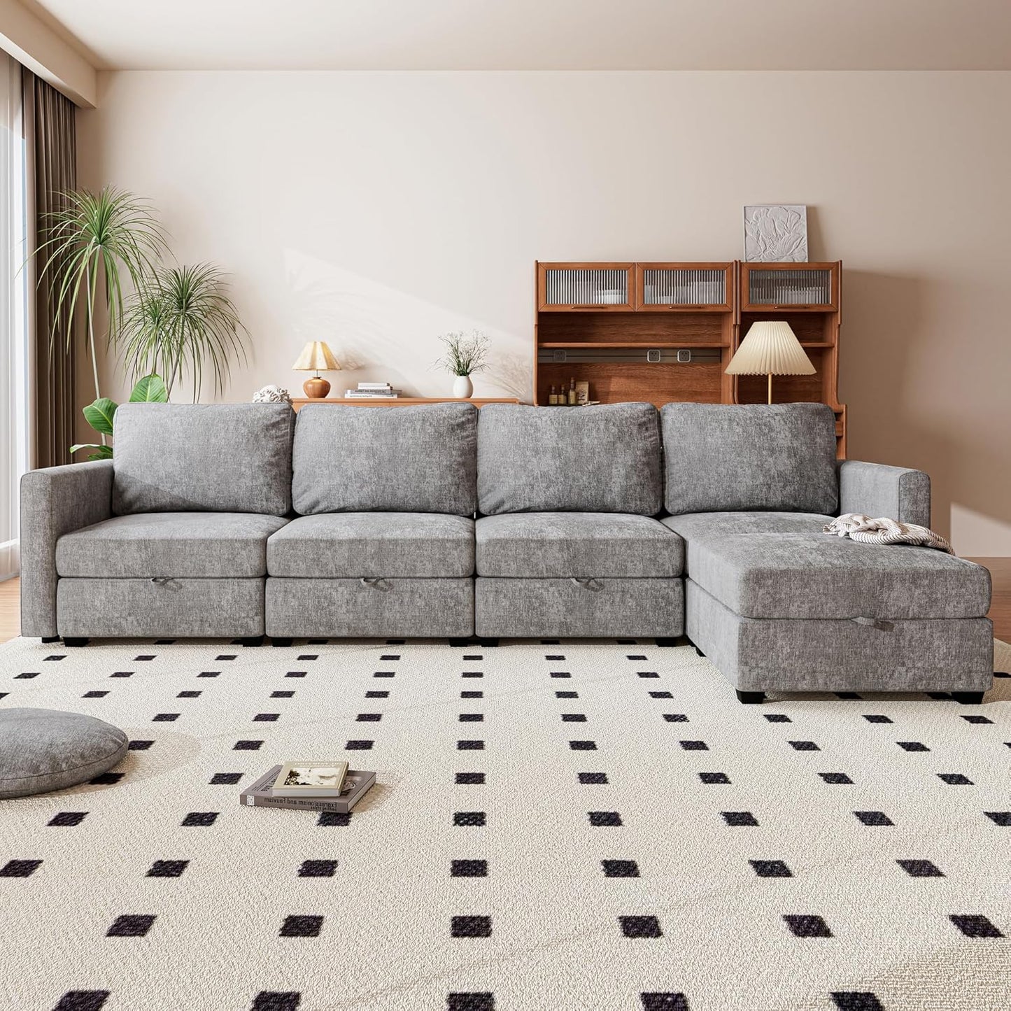 mestyl Modular Sectional Sofa Convertible L Shaped Sofa Couch Set with Storage for Living Room, Modern 4 Seater Modular Sectional Couch with Movable Ottoman (Grey)