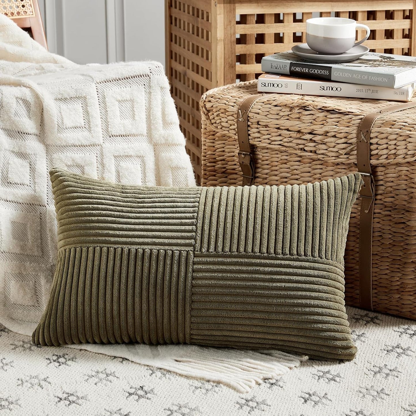 Fancy Homi 2 Packs Olive Green Long Lumbar Decorative Throw Pillow Covers 16x24 Inch for Couch Bed Sofa, Rustic Farmhouse Boho Home Decor, Soft Striped Corduroy Rectangle Accent Cushion Case 40x60 cm