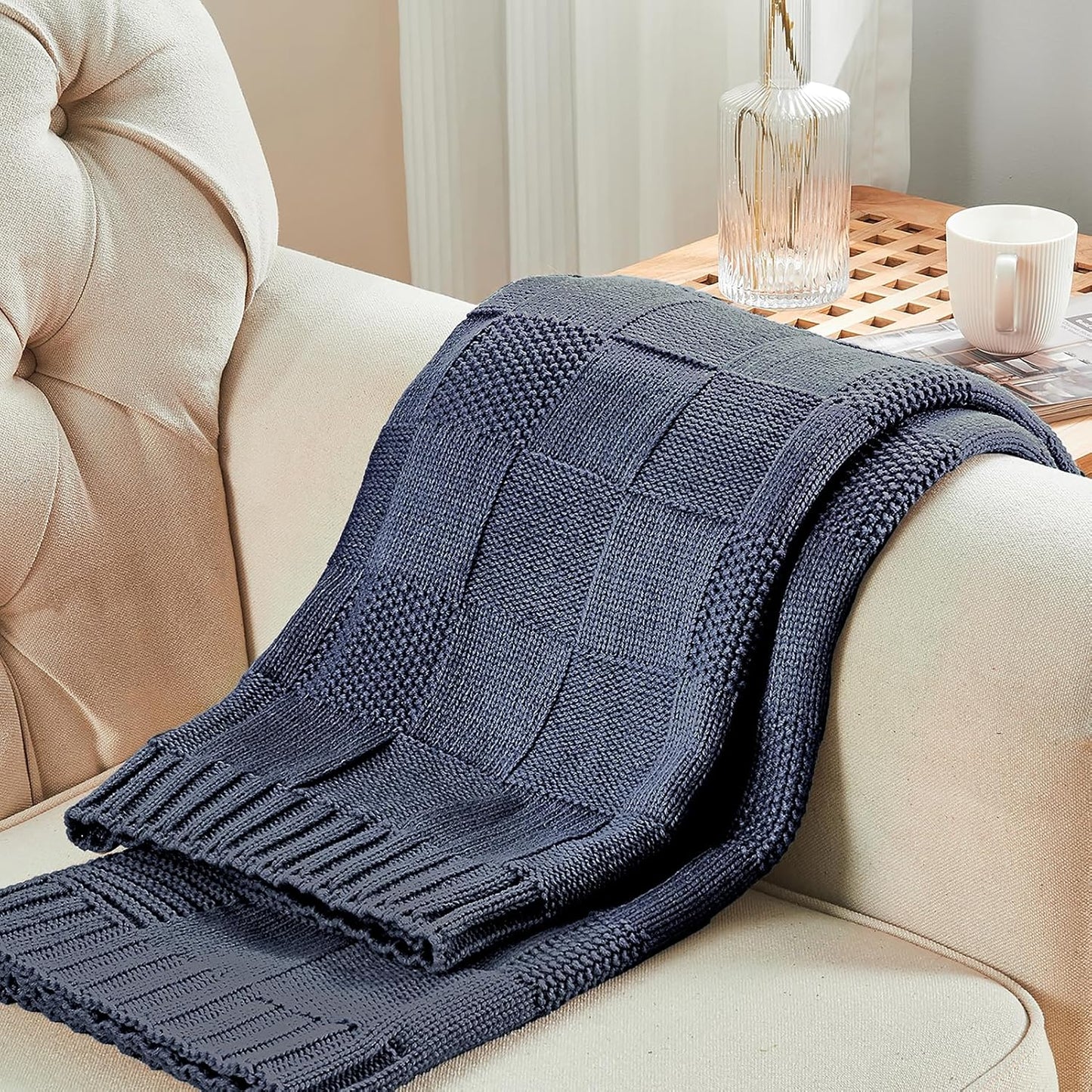 CozeCube Check Knit Throw Blanket, Steel Blue Checkered Throw for Couch, Decorative Christmas Soft Cozy Warm Knitted Blanket for Bed Sofa Living Room, 50"X60"