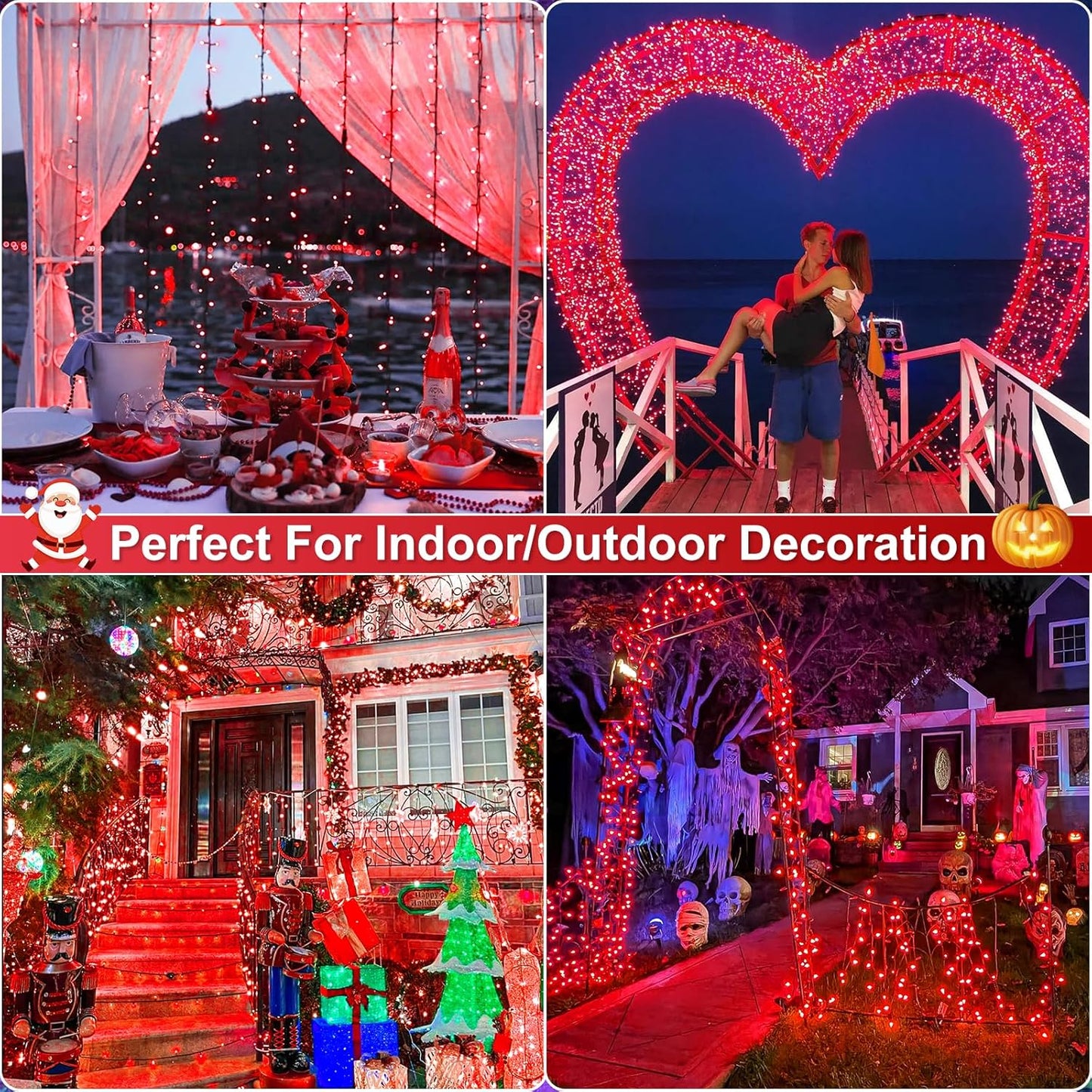 Christmas Lights Outdoor, 66FT 200 LED Christmas Tree Lights with 8 Modes Waterproof, Plug in Green Wire String Twinkle Light for Indoor Bedroom Patio Wedding Holiday Decorations, Red