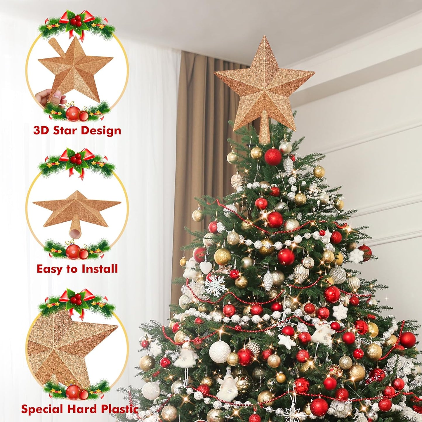 Tree Toppers Christmas Decorations, 10" Champagne Christmas Tree Star Topper, Hard Star Tree Topper Christmas Decorations Glitter Xmas Ornament for Holiday Home Xmas Party Decor Gathering Ornament