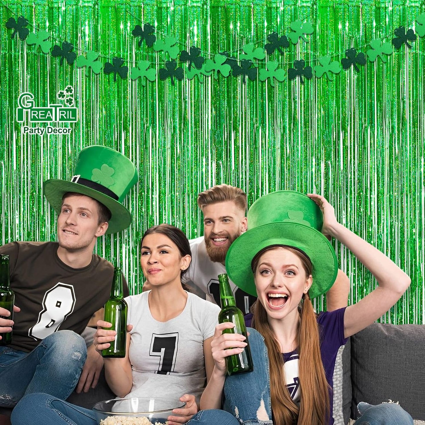 Green Tinsel Curtain Party Backdrop - GREATRIL Foil Fringe Streamers for St Patrick’s Day/Luau/Turtle/Hawaiian/Dinosaur/Ghost/Football/Christmas Decorations 2 Packs