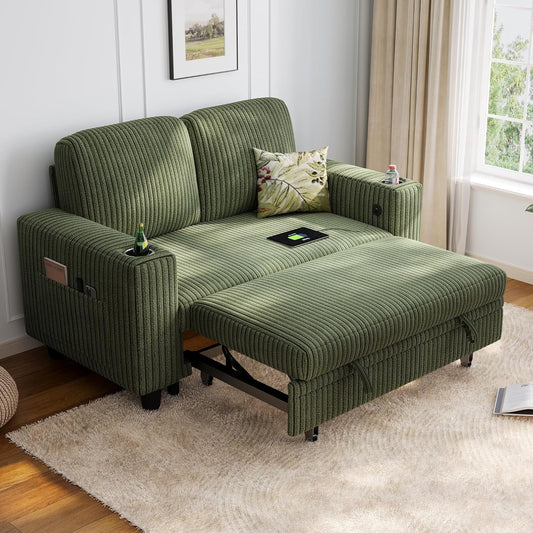 LINSY HOME Loveseat Sofa with Pull Out Couch Chaise: 2-in-1 Convertible 2 Seater Sofa with USB Charging & Cup Holders, Comfy Plush Corduroy Love Seat for Small Spaces Living Room Apartment, Green
