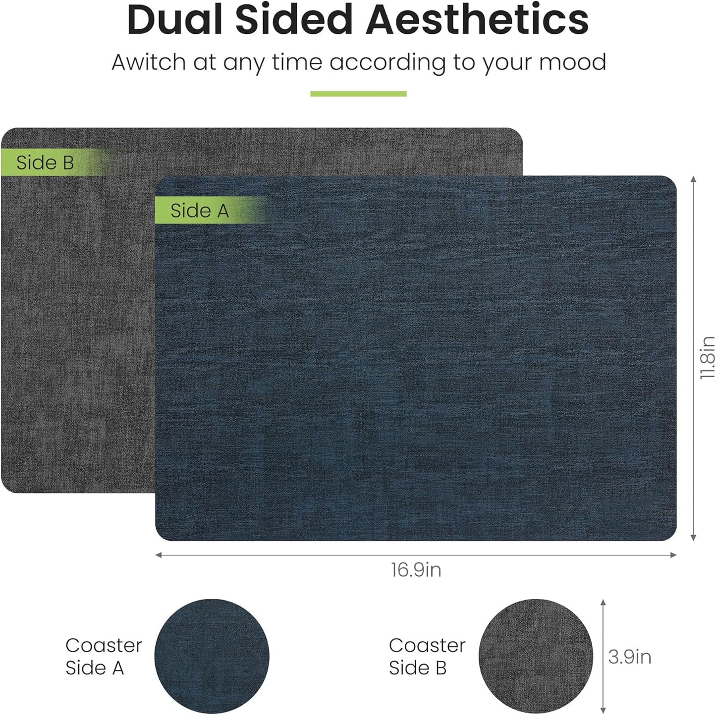Faux Leather Dual Sided Placemats Set of 4, Square Non-Slip Heat Resistant Placemats with Coaster, Reversible wipeable Waterproof Table Mats for Kitchen, Dining, Outdoor (4, Black Navy Blue)