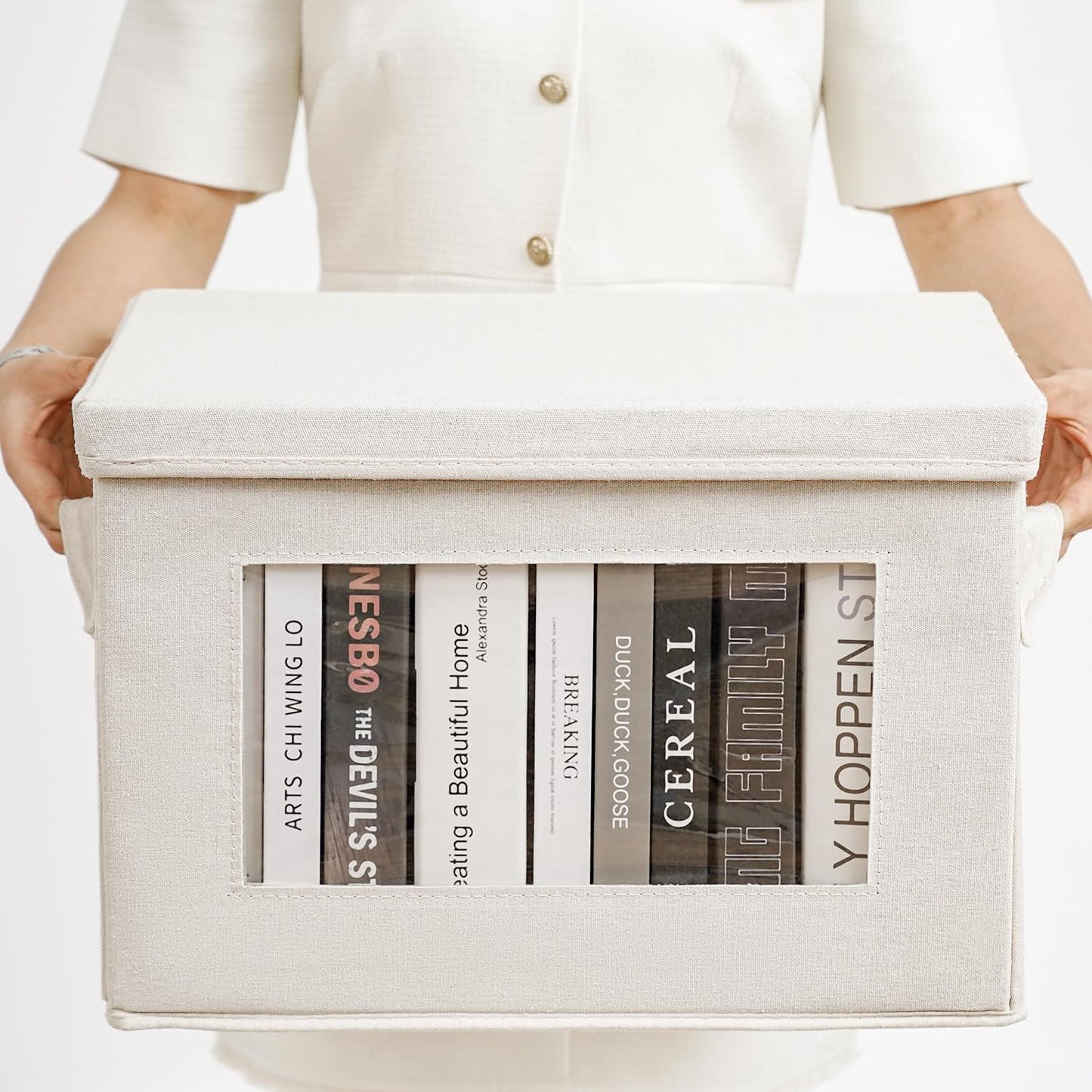 Citylife 4-Pack Storage Bins with Lids, Fabric Foldable Storage Bins with Soft Cord Handles, Cube Closet Storage Baskets with Lids, Organizers for Organizing Clothes and Books, Beige