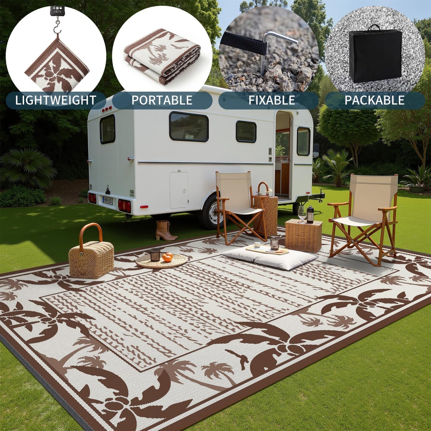 COCOER Outdoor-Rug 6x9 ft Waterproof Reversible Outdoor Plastic Straw Rug RV Indoor Outdoor Carpet Quick Dry Patio Rug Camping Mat for Balcony Backyard Picnic Beach-Brown&Beige