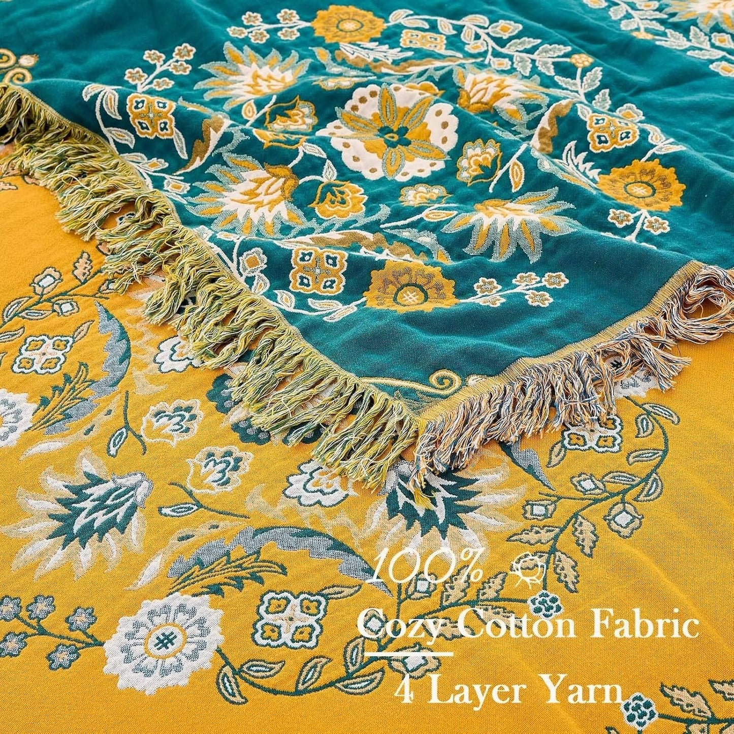 Boho Throw Blanket, 100% Cotton Ultra Soft Luxury Throw Rustic Quilt, Floral Printed Farmhouse Decor Bed Summer Blankets, All Season Rustic Reversible Bohemian Throw for Bed (80"x90" Yellow