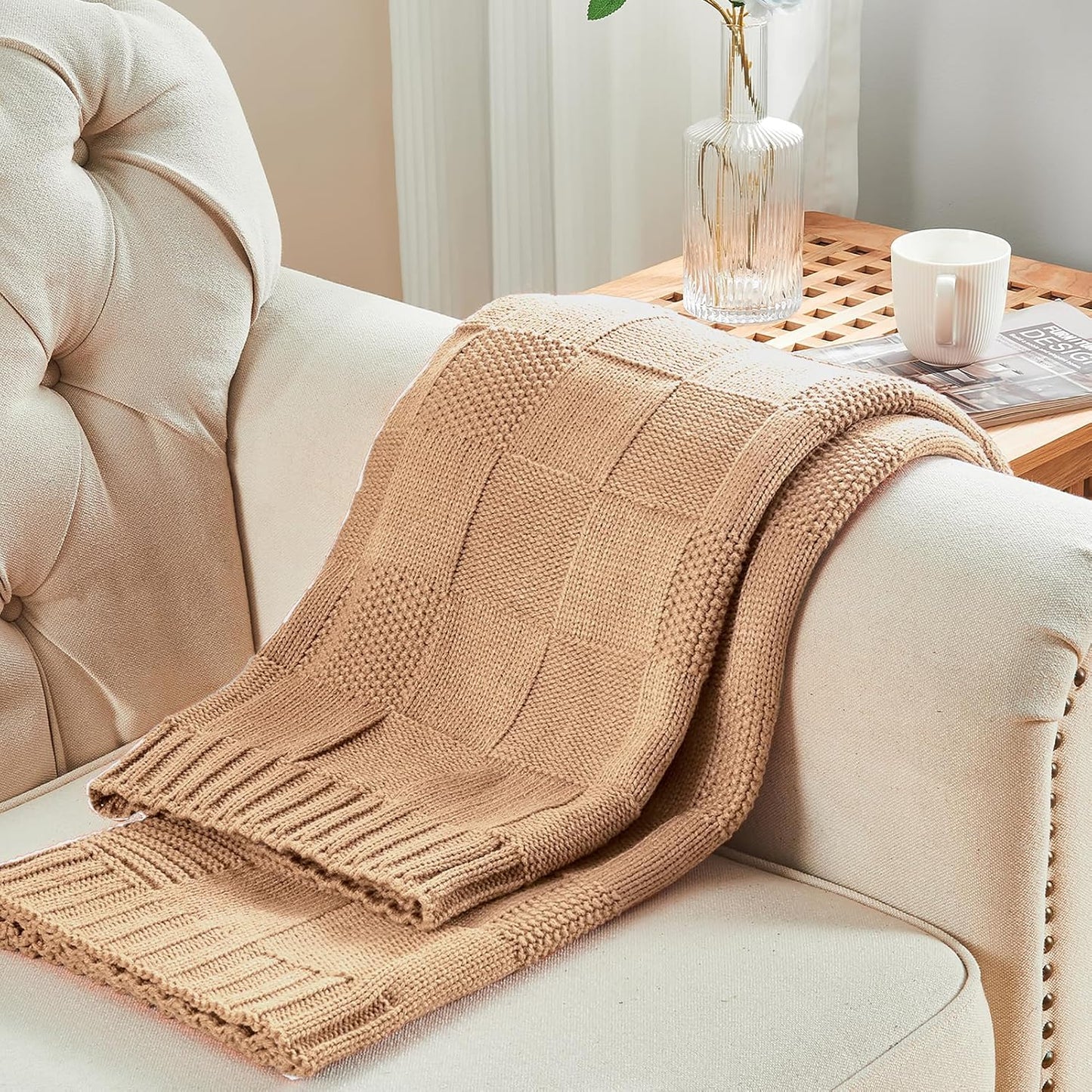 CozeCube Check Knit Throw Blanket, Beige Checkered Throw for Couch, Decorative Christmas Soft Cozy Warm Knitted Blanket for Bed Sofa Living Room, 50"X60"