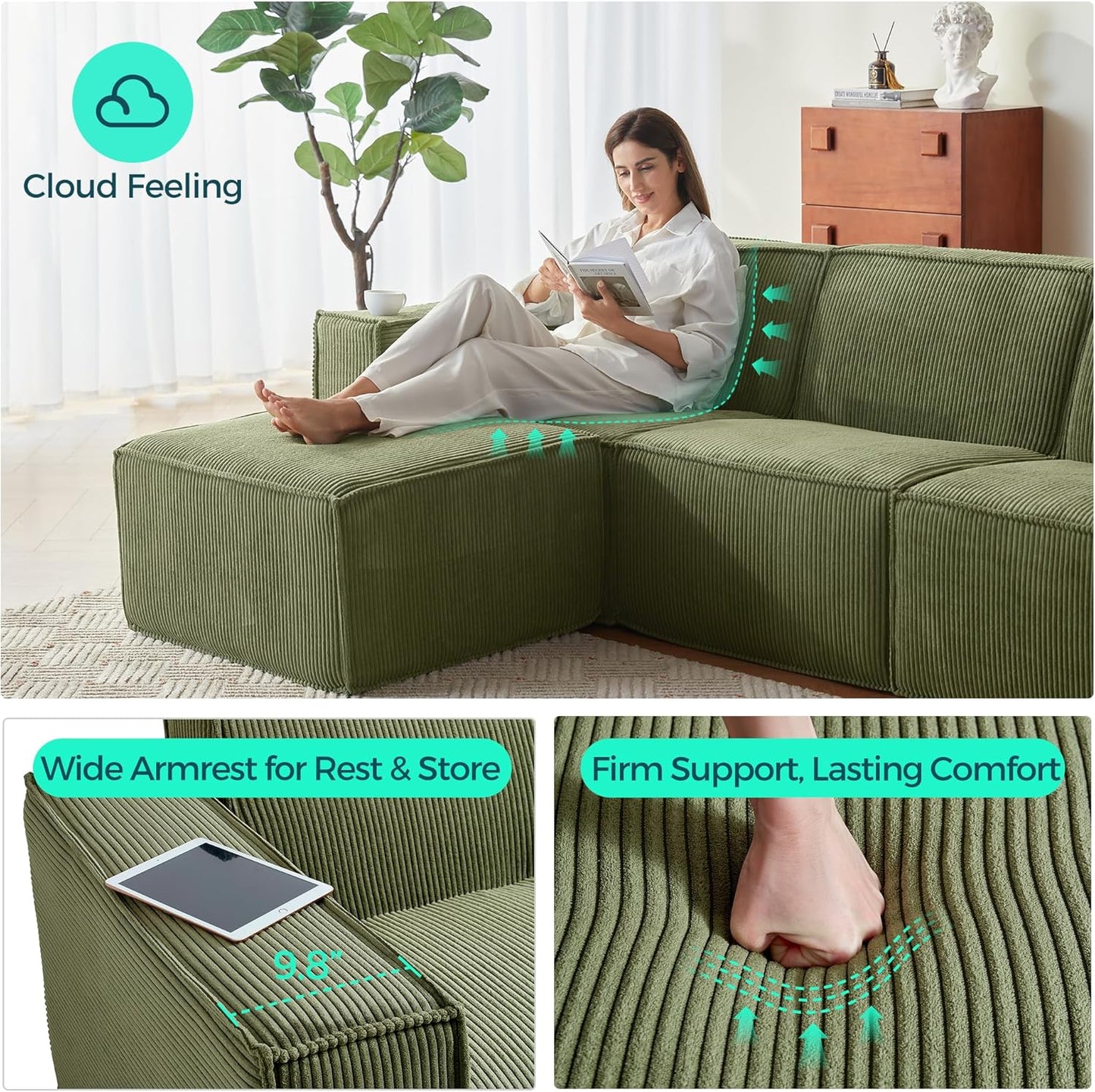 LINSY HOME Modular Sectional Sofa, 105" Boneless Couch L Shaped 3-Seat Sofa with Ottoman, Corduroy Sectional Cloud Couches for Living Room, No Assembly Required, Green