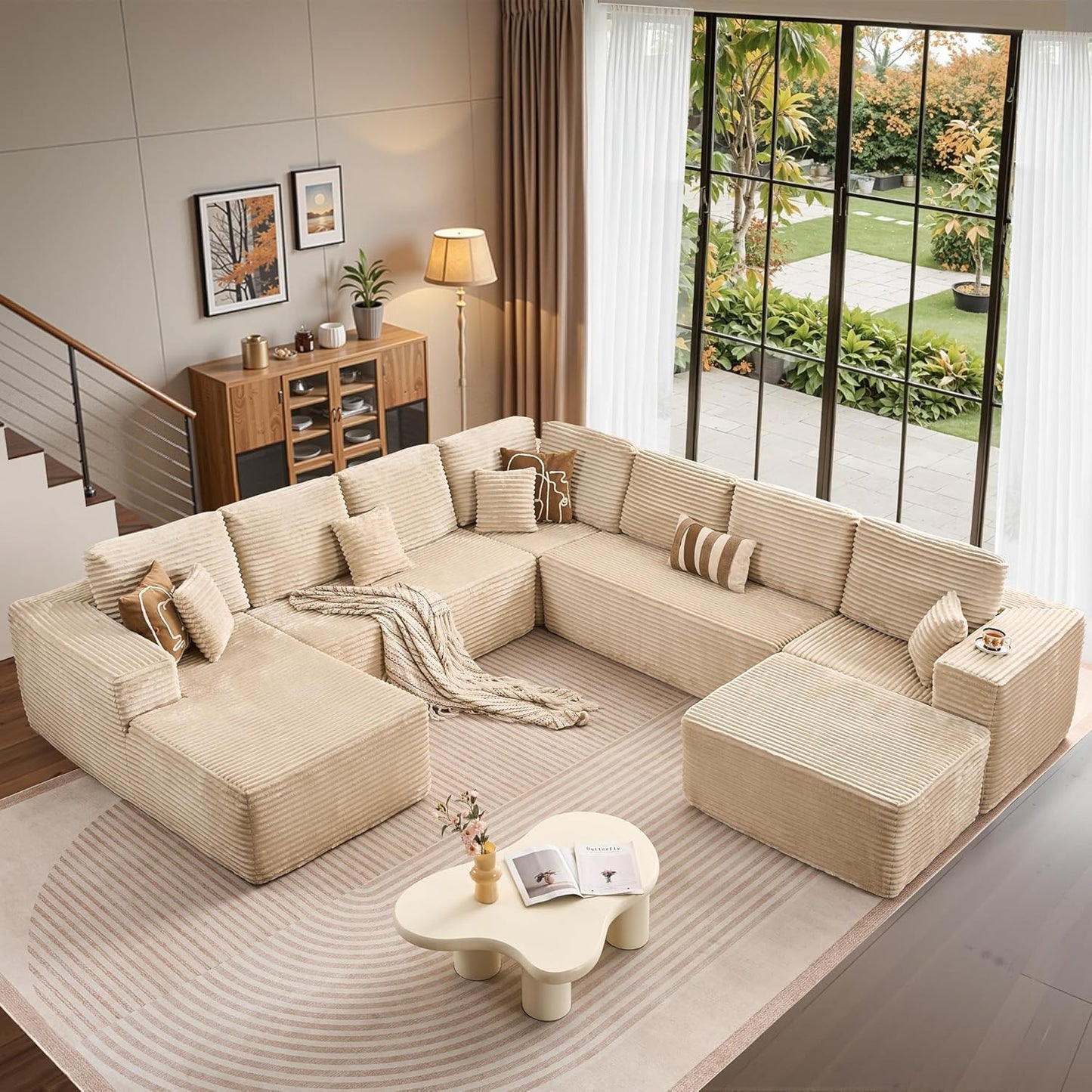 Cloud Sectional Couches for Living Room,G Shaped Modular Sofas No Assembly,135x133 Inches Plush Corduroy Oversized Floor Couch Set with Deep Seat Chaise,Beige