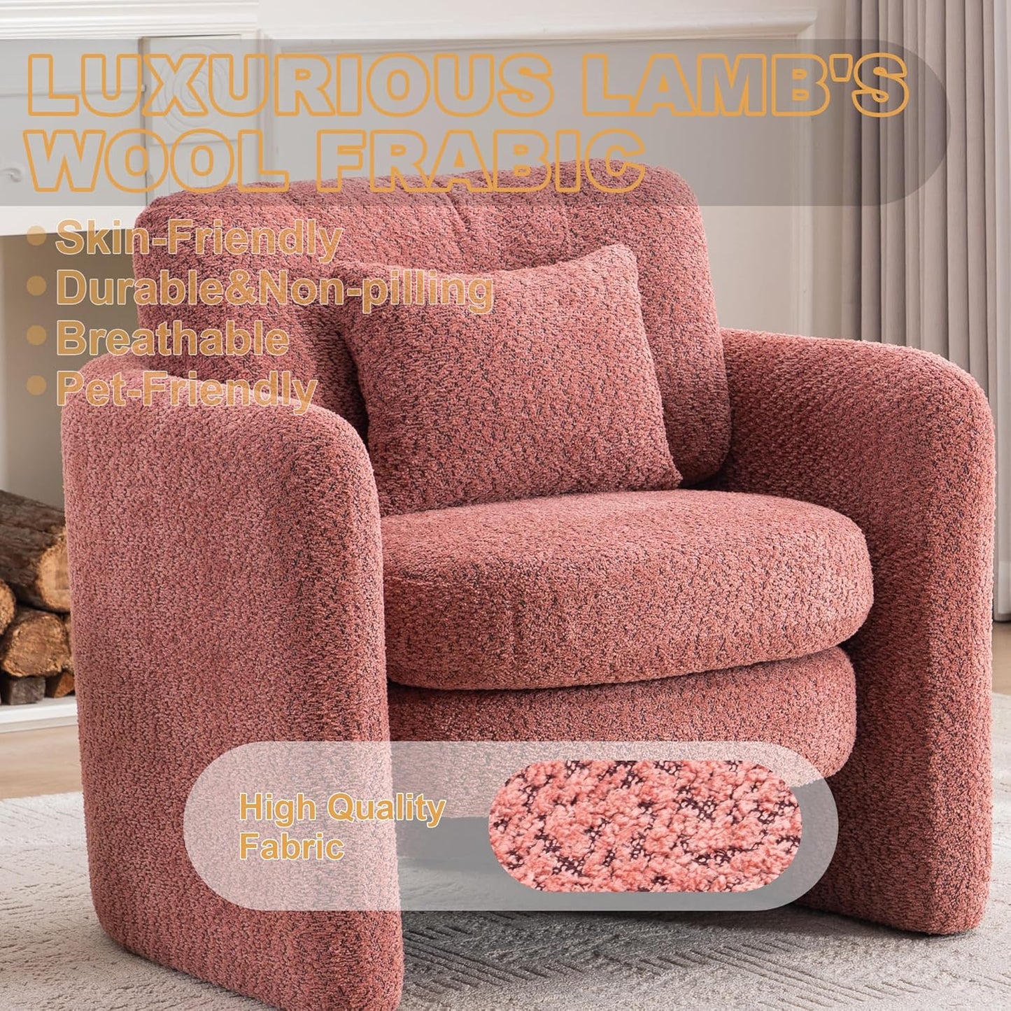 Chenille Accent Armchair Oversize Upholstered Barrel Comfy Modern Round Lounge Sofa Chair with Pillow Cozy Reading Chairs for Apartment,Office,Living Room,Dining,Makeup,Club,Pink