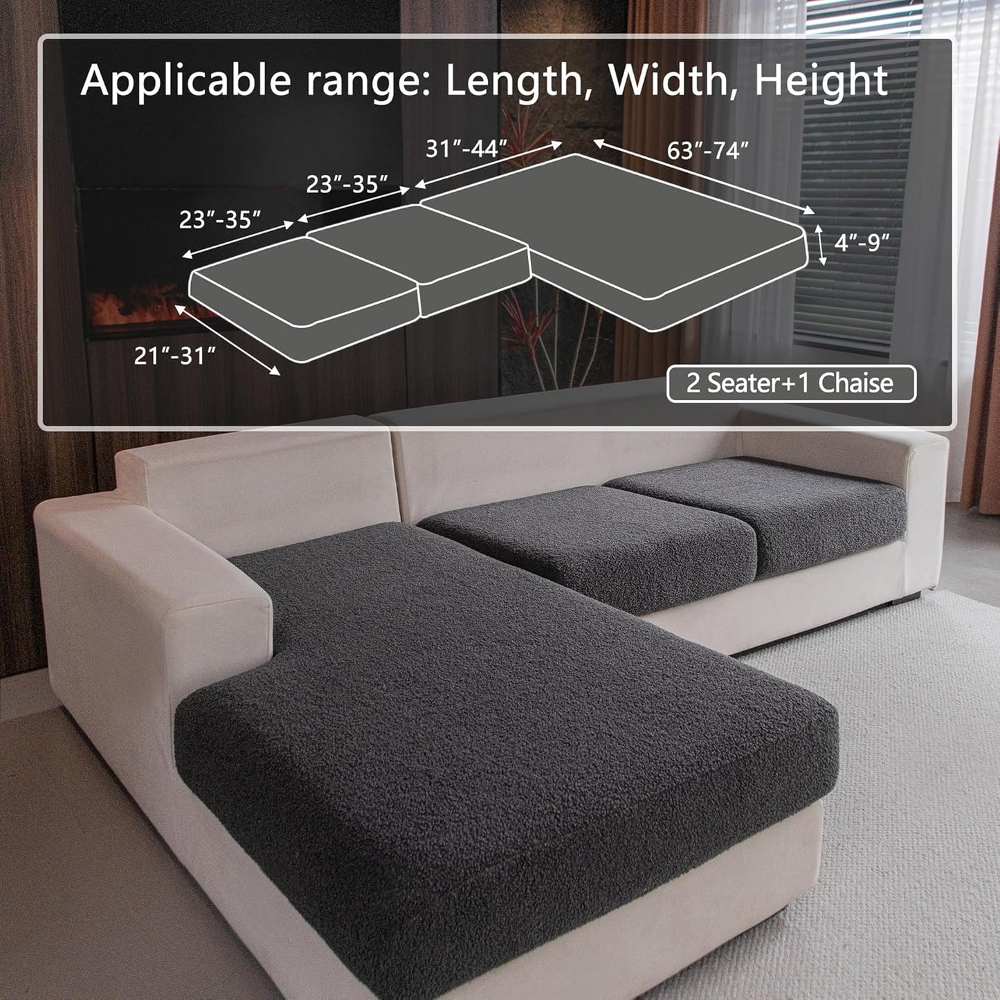 Couch Cushion Covers for Sectional Sofa, Stretch Soft Sofa Slipcovers Washable Wear-Resistant Universal Furniture Protector for Living Room(2 Seaters Covers+1 Chaise Cover, Dark Gray)