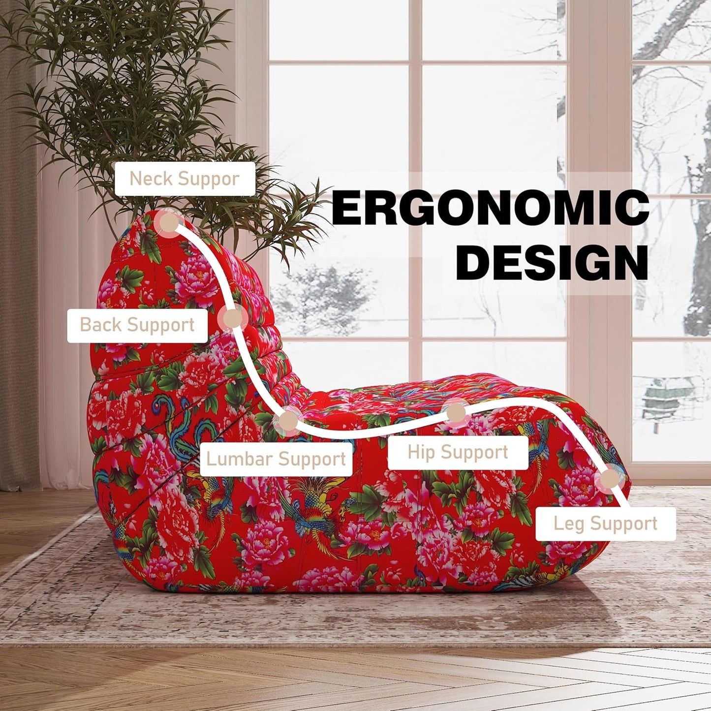 Big Bean Bag Chairs for Adults, 3 Seater Large Bean Bag Sofa, Fireside Chair Lazy Sofa Chair with High Density Comfortable Foam, Modern Bean Bag for Living Room, Bedroom, Office (Flower)