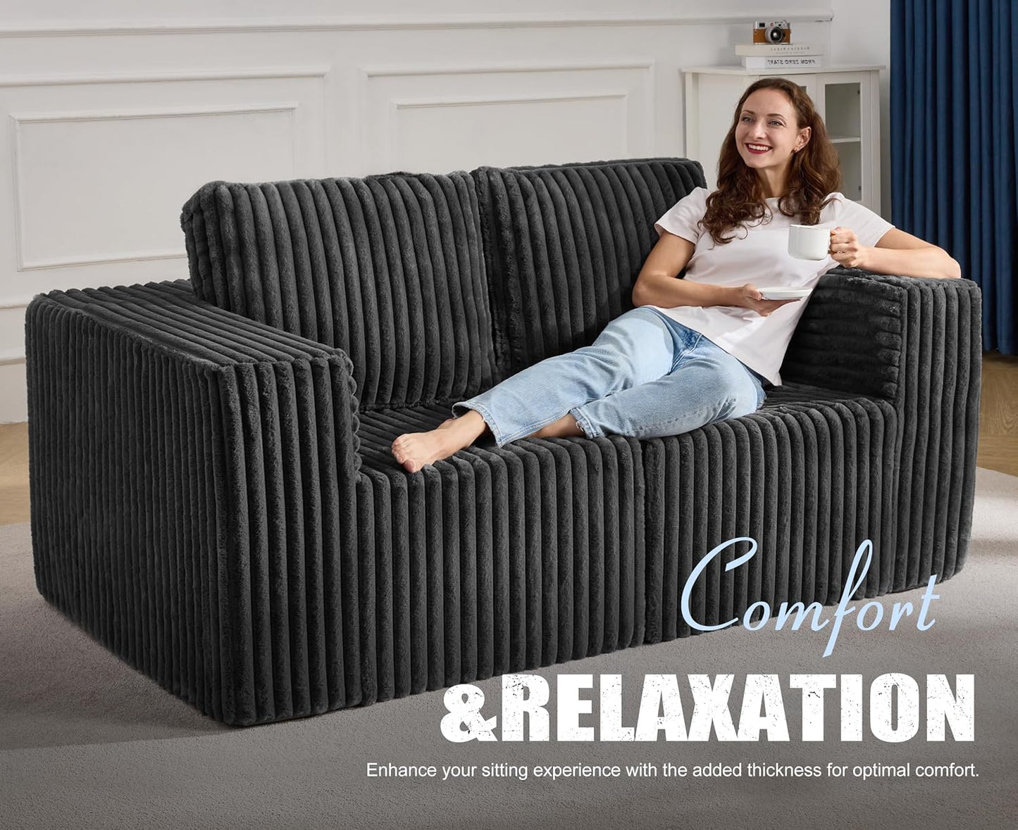 Modular Sectional Sofa 2 Seater Loveseat Modular Couch with Deep Seat Memory Foam Cloud Chair with Pillows Oversized Sectional Sofa for Living Room Bedroom (Strip Grey, Loveseat)