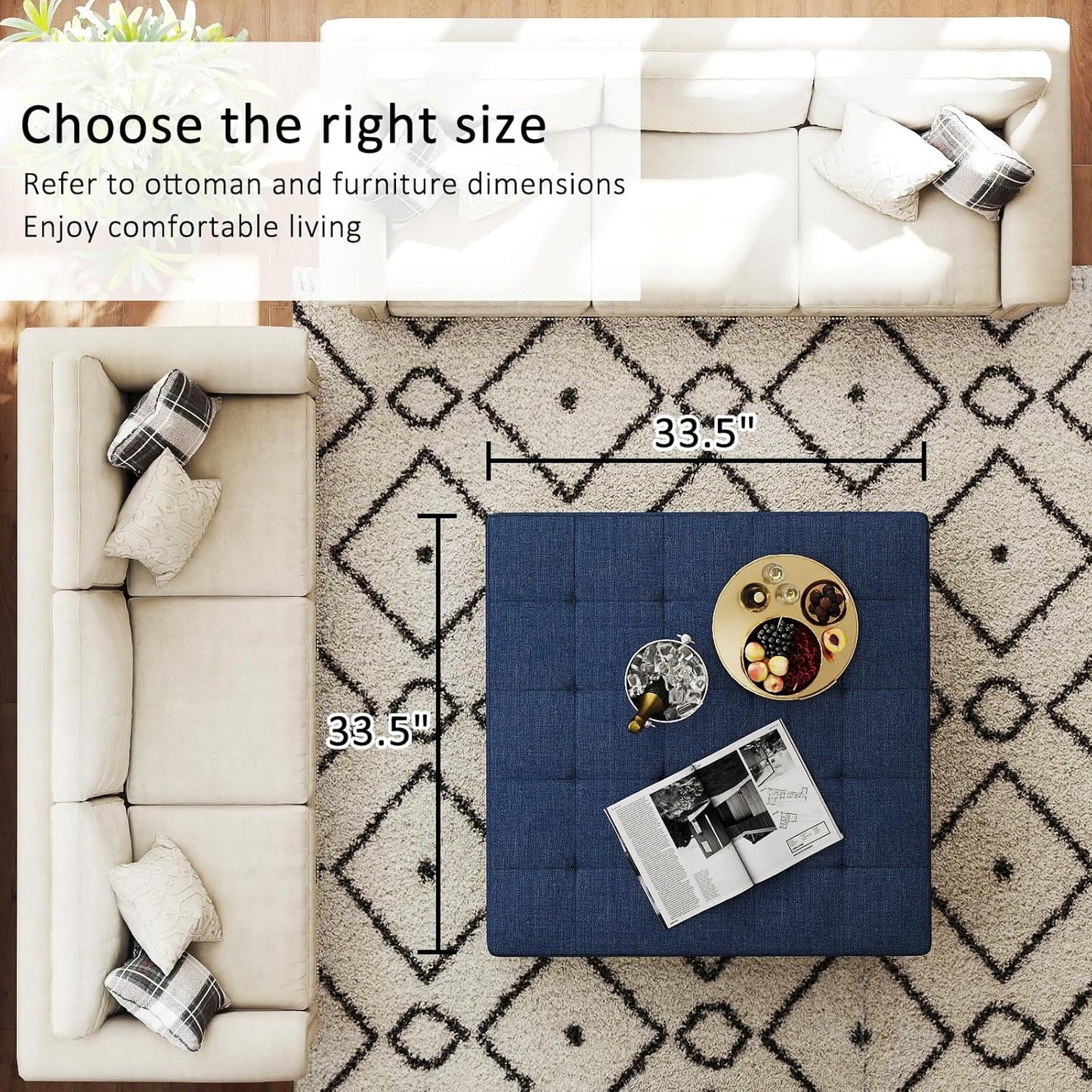 Large Square Ottoman Coffee Table, Linen Solid Upholstered Footrest Ottoman with Solid Wood Shelf Storage Tufted Coffee Table for Bedroom Living Room, Navy Blue