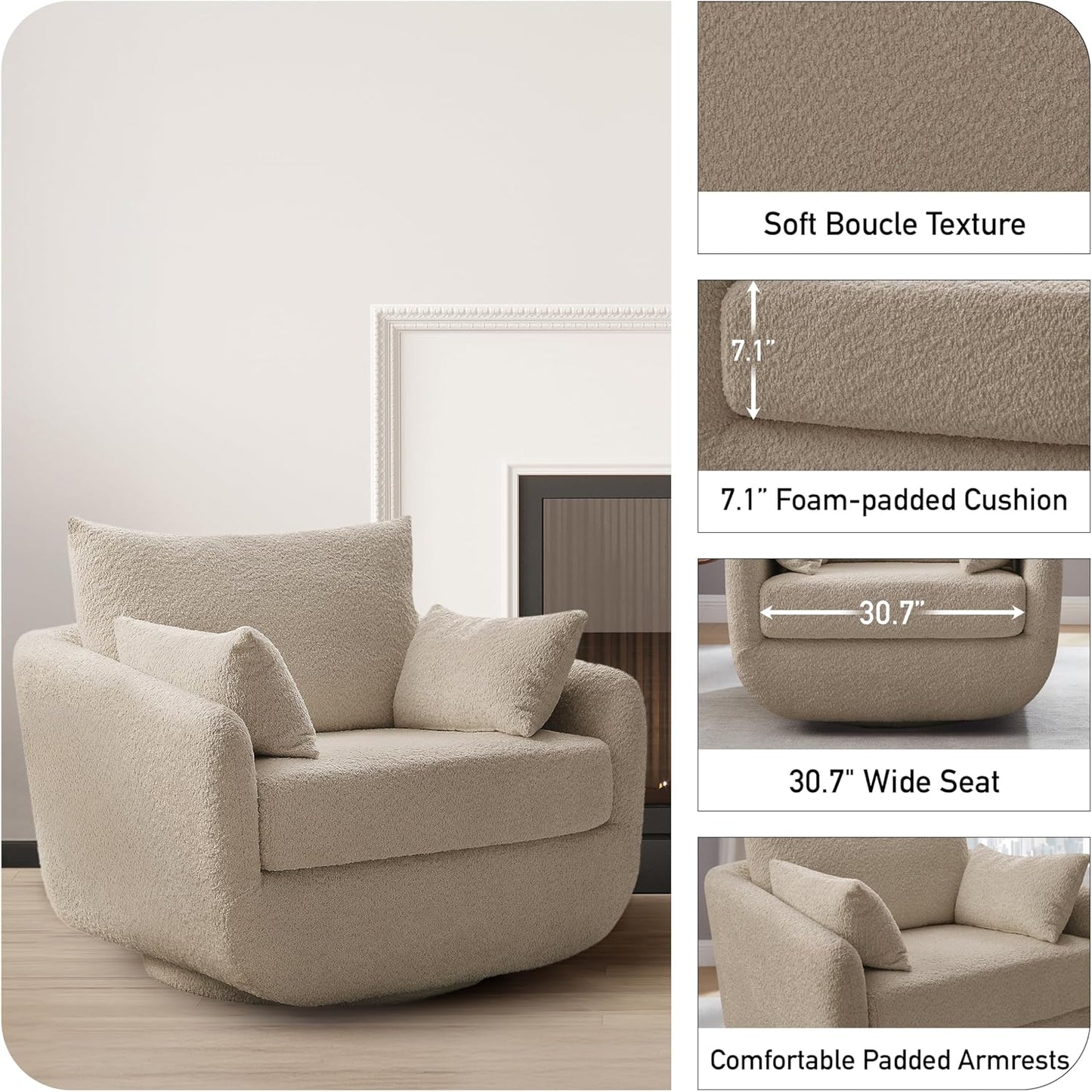 360° Swivel Accent Armchair Set of 2, 39.3" Oversized, Sherpa Boucle Fabric Sofa Chair with Removable Back & Arm Pillows, Swivel Chairs with Cozy Soft Padded, No Assembly Required, Camel