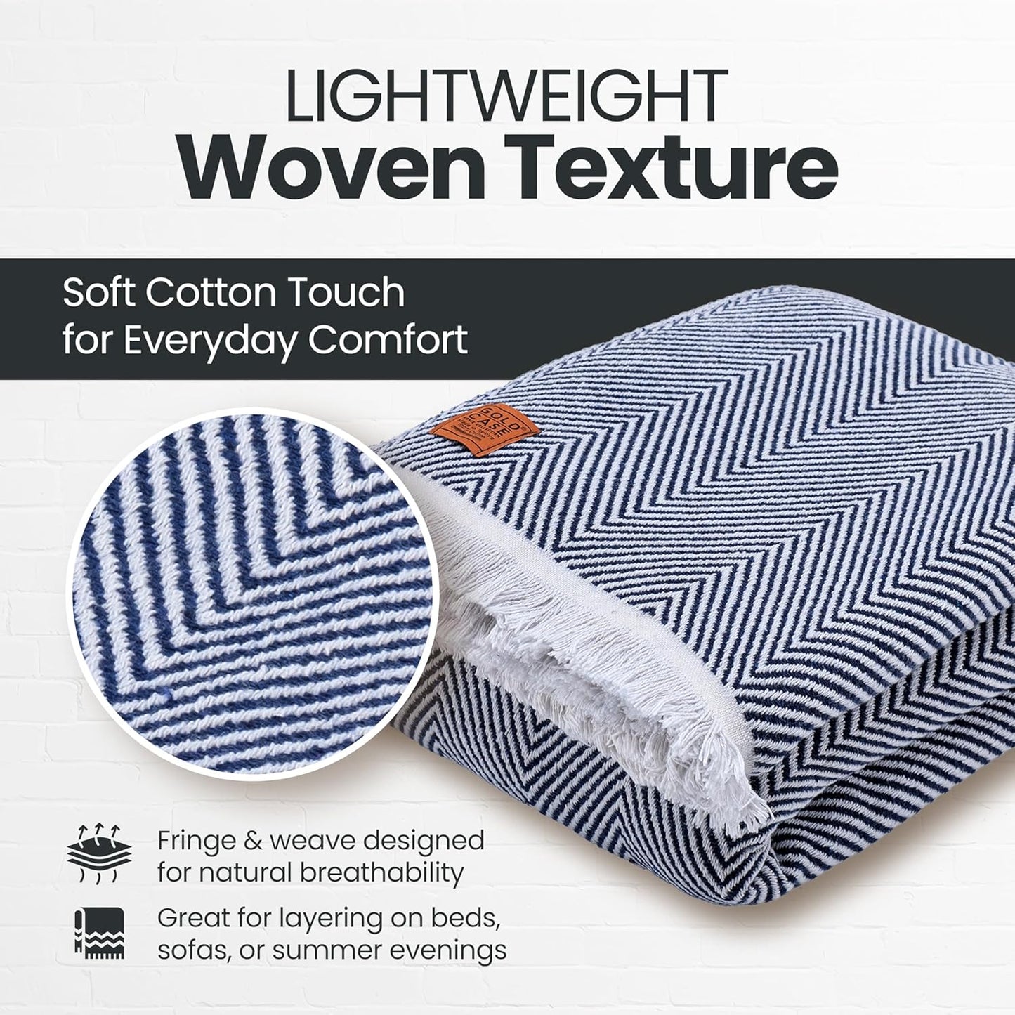 Gold Case Throw Blanket for Bed – 100% Recycled Turkish Cotton Bed Blanket – Decorative Throw Cotton Blankets for Living Room & Bedroom – Elegant Navy Blue Woven Queen Blankets – 90x90