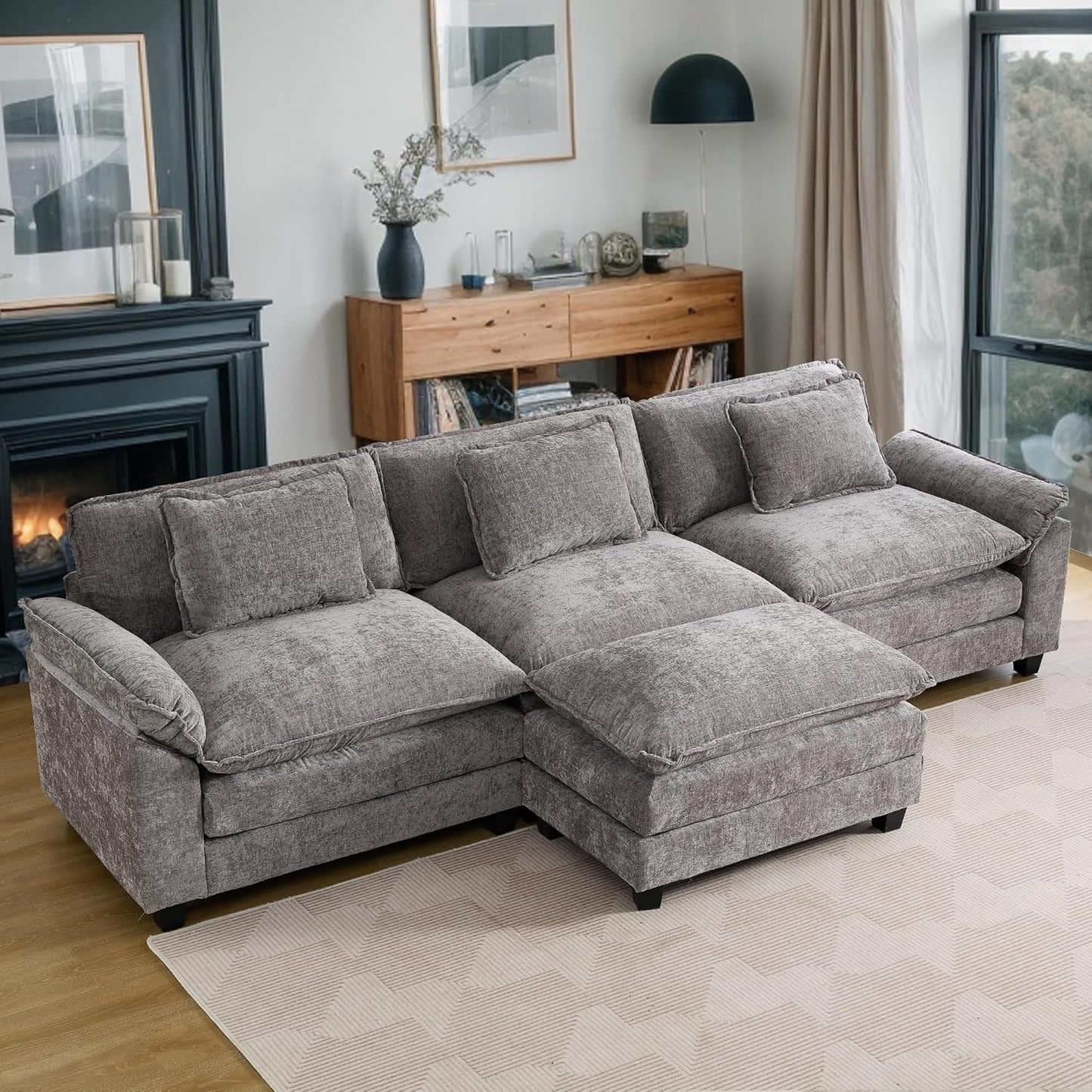 URRED Modular Sectional Sofa Comfy Cloud Couch, Modern Chenille Sofa Sleeper Deep Seat Couches with Ottoman/Pillows for Living Room (Gray, 117''- L Shape)