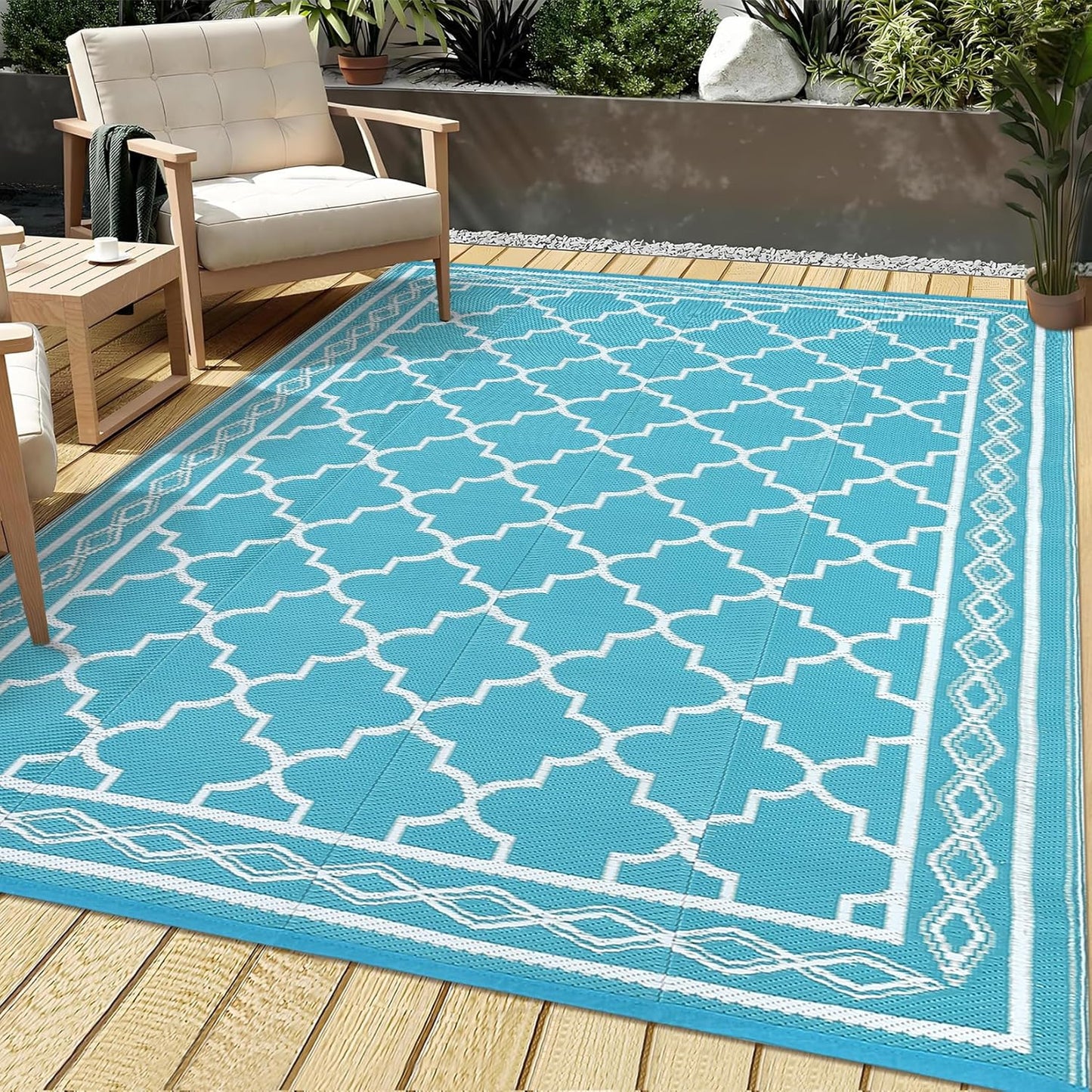 GAOMON Outdoor Rug Waterproof 8'x10', Reversible Outdoor Plastic Straw Rug, Boho Patio Rug, Indoor Outdoor Carpet, RV Mat Outside for Patio, Camp, Picnic, Balcony, Deck, Teal/White(Geometric)