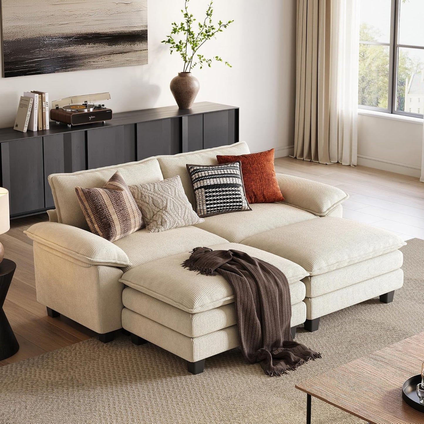 LINSY HOME Sectional Sleeper Sofa - 90'' Modular Cloud Couch Oversized Corduroy Sofa Bed with Movable Ottoman Soft Modern Comfy Couch Set for Living Room Apartment Office, Beige