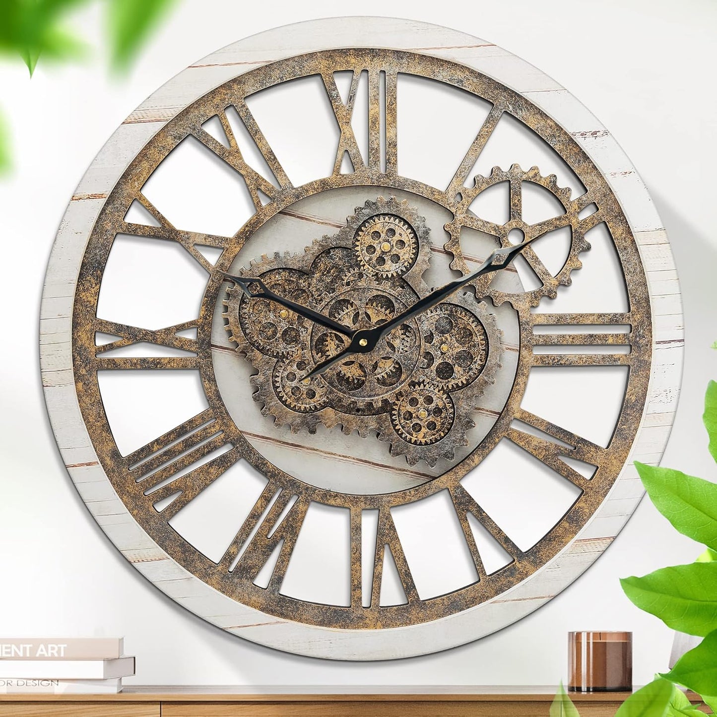 HOIBAI Wall Clock, 24 Inch Moving Gears Clock Large Wall Clock for Living Room Decor Rustic Vintage Industrial Steampunk Farmhouse Big Clock for Home Kitchen Bedroom Office
