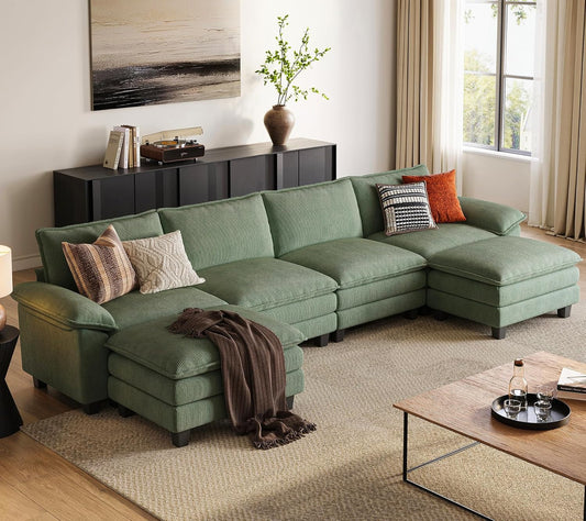 LINSY HOME Modular Sectional Sofa - 157'' Oversized Corduroy Cloud Couch U Shaped Couch with Movable Ottoman Soft Modern Comfy Sofa for Living Room Apartment Office, Green