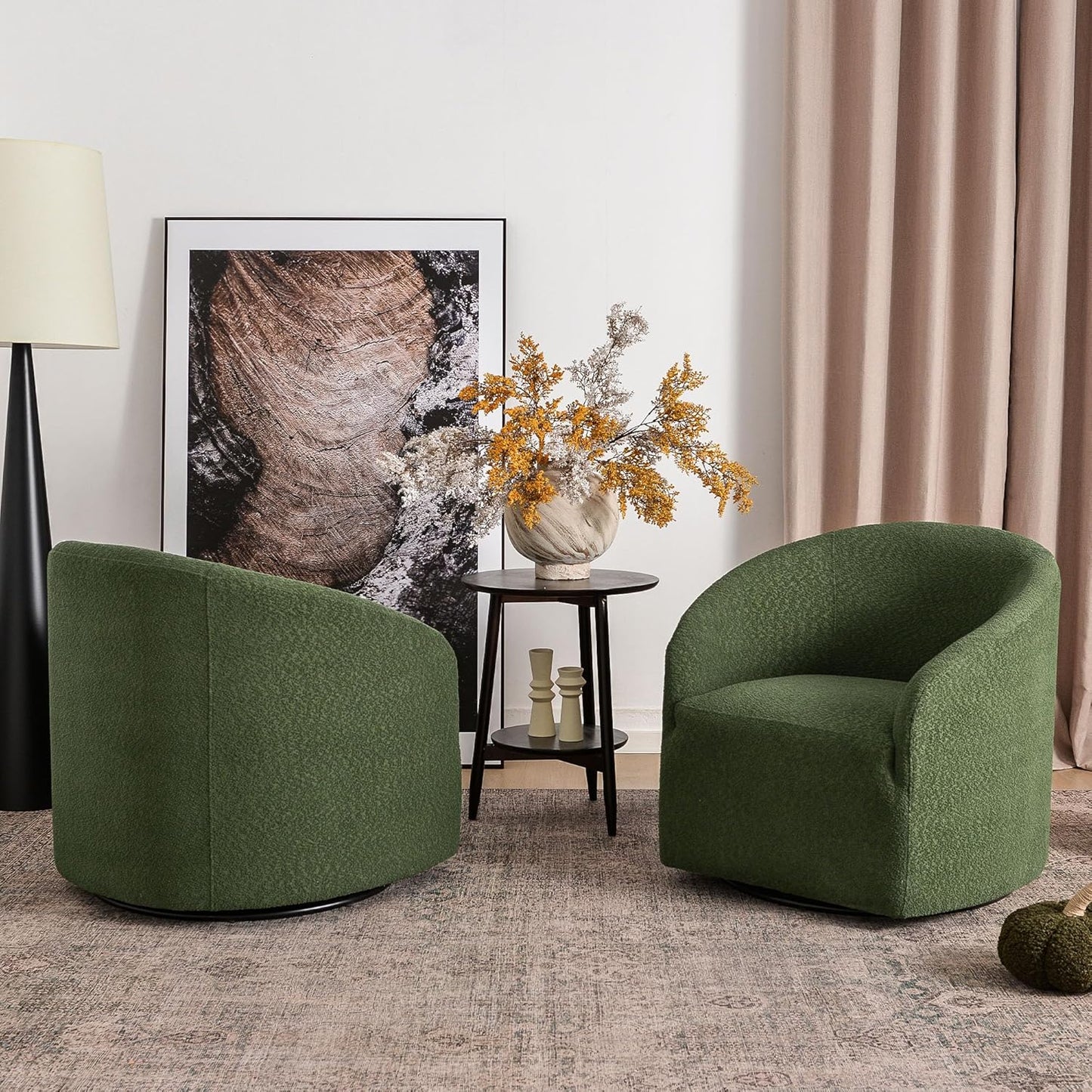 KINWELL 32" Wide Modern Boucle Swivel Barrel Chairs Set of 2, No Assembly Round Upholstered Swivel Accent Armchairs for Living Room, Bedroom (Green)
