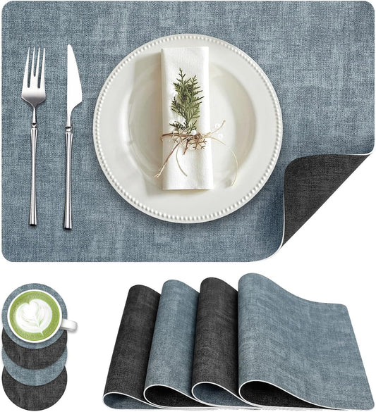Faux Leather Dual Sided Placemats Set of 4, Square Non-Slip Heat Resistant Placemats with Coaster, Reversible wipeable Waterproof Table Mats for Kitchen, Dining, Outdoor (4, Black Light Blue)