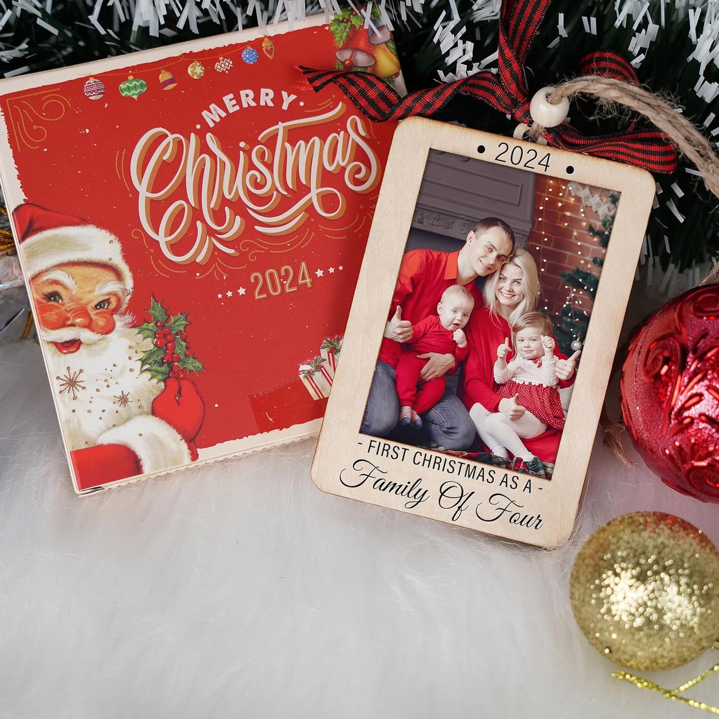 Christmas Photo Frame Ornament, 2025 Ornament, Wooden Picture Frame Ornaments With Hanging String (Family of Four)