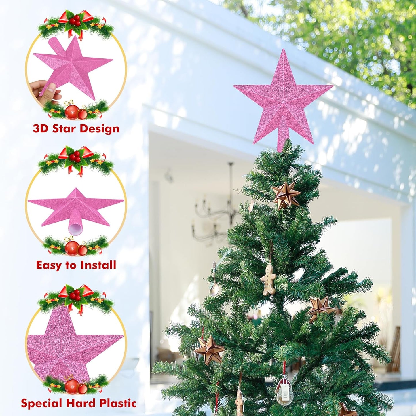 Christmas Tree Decoration, 8" Pink Christmas Tree Topper Star Accessories, Xmas Glitter 3D Bethlehem Tree Ornament, Waterproof Holiday Christmas Tree Topper Star Decorations for Home Indoor Outdoor