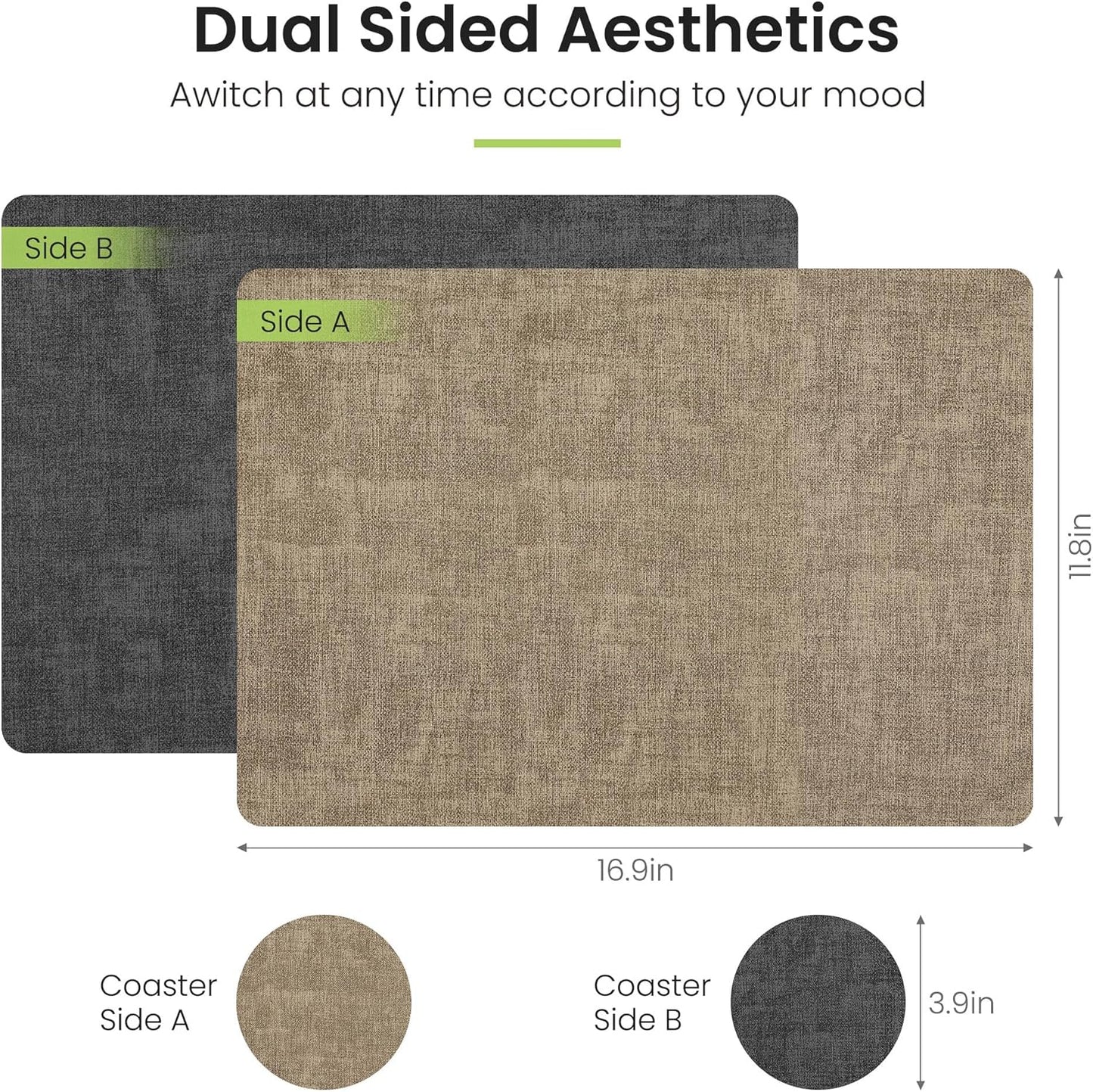 Faux Leather Dual Sided Placemats Set of 6, Square Non-Slip Heat Resistant Placemats with Coaster, Reversible wipeable Waterproof Table Mats for Kitchen, Dining, Outdoor (6, Black Light Coffee)