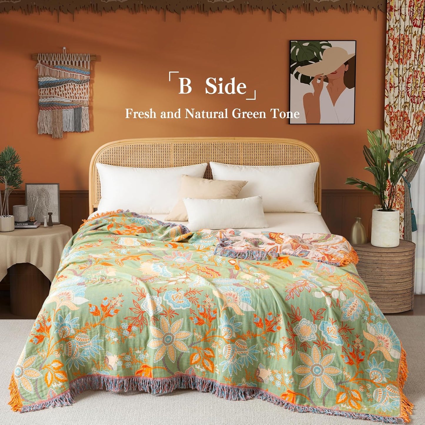 Boho Throw Blanket Queen Size, Soft Cozy Cotton Muslin Quilt Blanket for Bed Decor, Floral Patterned Couch Sofa Chair Cover, Vintage Farmhouse Cottage Tapestry Woven Blanket, Coral&Green