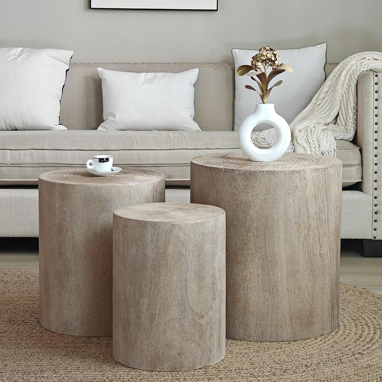 Round Nesting Coffee Table Set of 3, Small Pedestal Stand, Modern Circle Coffee Tables, Wooden Accent Side Table End Footstools for Living Room Office Bedroom, Farmhouse, Rustic
