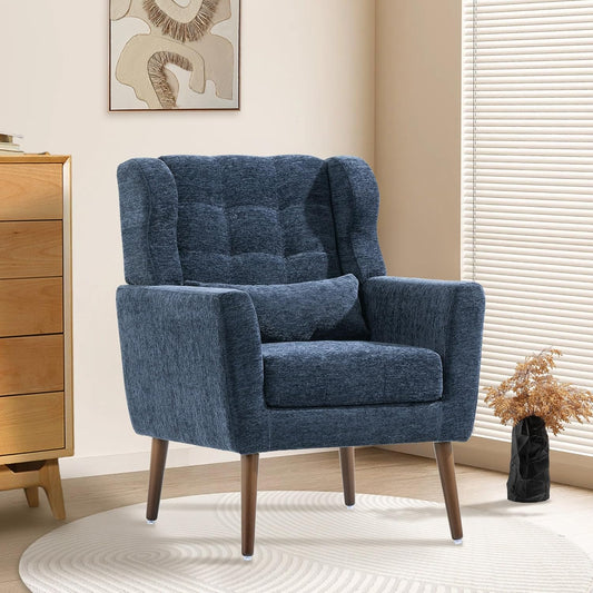 Modern Accent Chair, Upholstered Armchair with Pillow, Fabric Single Sofa Chair with Lounge Seat and Wood Legs Accent Chair for Living Room Bedroom Small Spaces (Dark Blue)