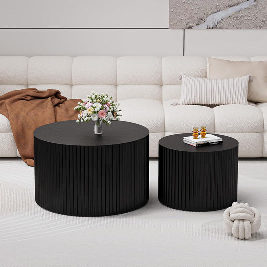 Round Coffee Table Set of 2, Nesting Coffee Table and End Table Set Small Circle Drum Side Table for Living Room Office, No Assembly (A Black Large)