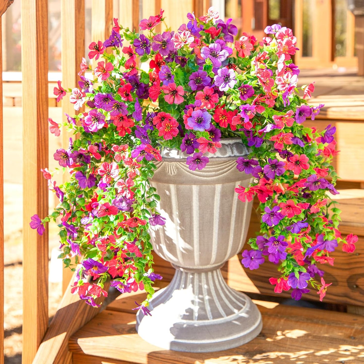 Artificial Faux Hanging Flowers Plants for Spring Outdoor Outside Decoration, 2 PCS Fake Silk Daisy with Eucalyptus UV Resistant Realistic Trailing Vines for Balcony Patio Porch (Darkpurple+Hotpink)