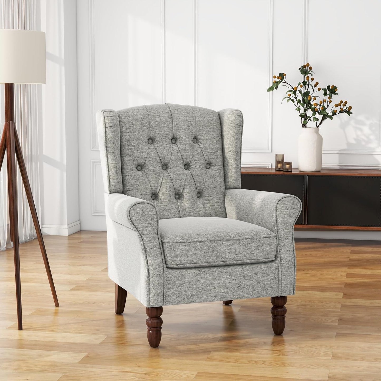 UIXE High Back Accent Chairs Set of 2, Upholstered Armchair in Fabric, Retro Wingback Arm Chair for Living Room, Comfy Single Sofa Bedroom Reading Seat with Solid Wood Legs - Light Gray