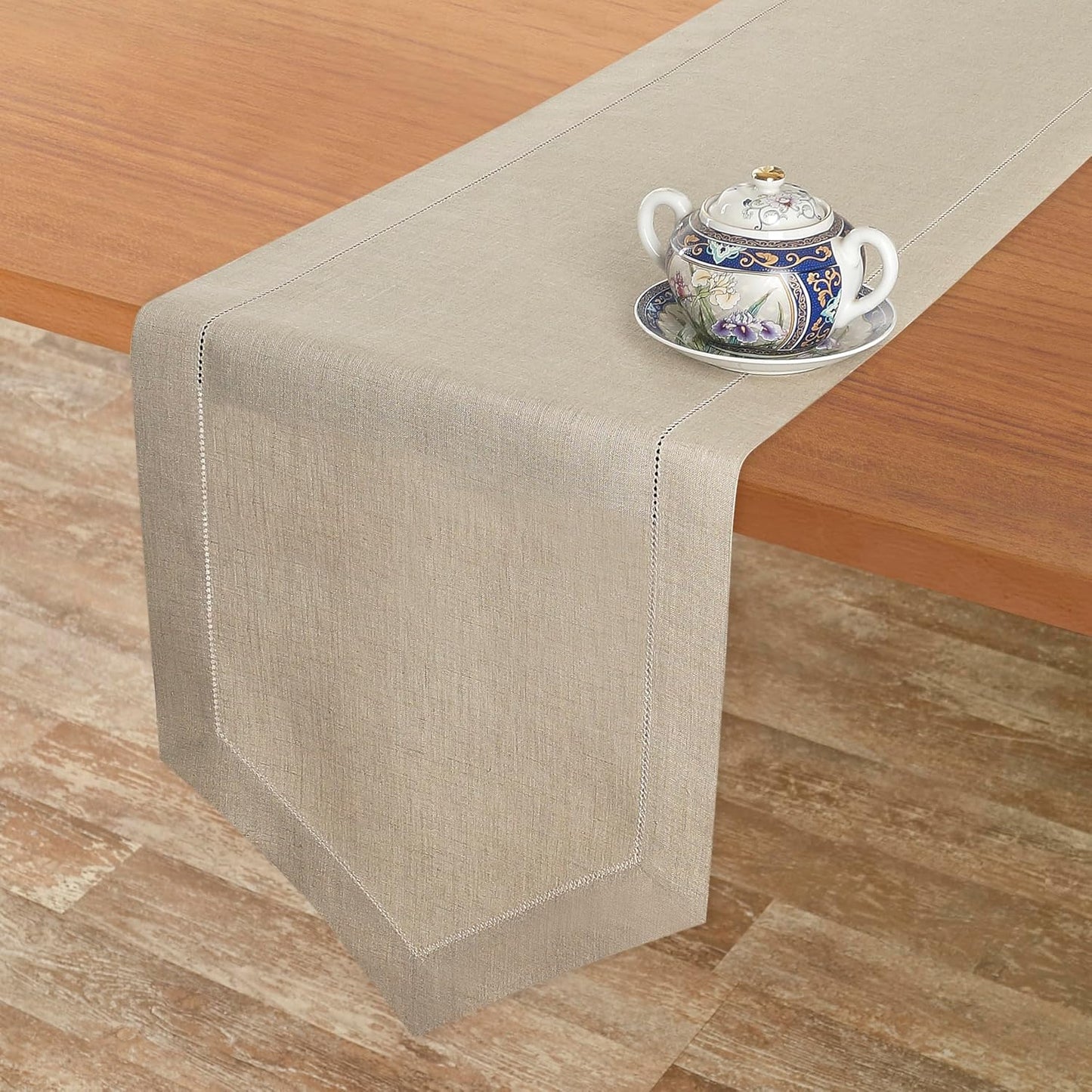 D'Moksha Homes Natural Linen Table Runner 108 Inches Long - 100% Pure Linen Diamond Table Runner 14 x 108 Inch for Dining, Fall and Halloween - Machine Washable