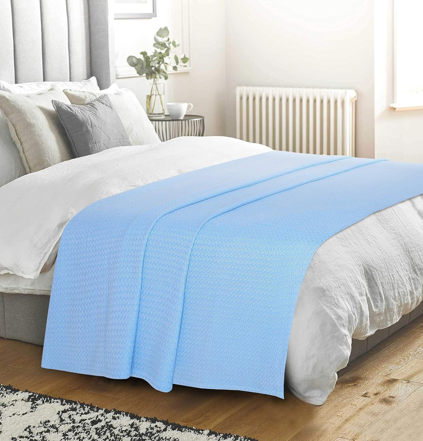 Elvana Home 100% Cotton Bed Blanket, Breathable Bed Blanket Twin Size, Cotton Thermal Blankets Twin, Perfect for Layering Any Bed for All Season, Light Blue