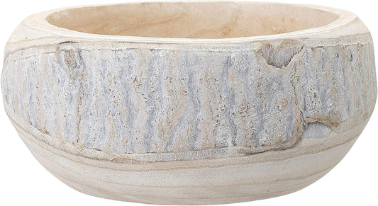 Bloomingville Decorative Hand-Carved Paulownia Wood Bowl, Whitewashed, 10.5 in Diameter, 4.25 in Tall