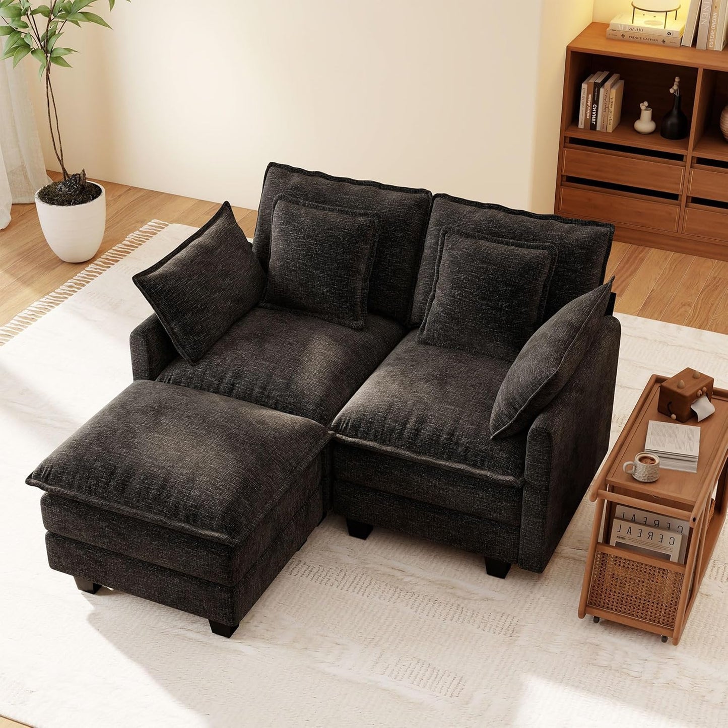 Ihanherry 57" L Shaped Modular Sectional Cloud Sofa, Modern 3 Seat Chenille Couch with Ottoman for Living Room, Bedroom and Apartment, Black