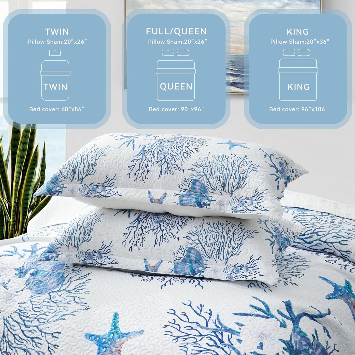 Coastal Bedding Queen Size Coastal Quilt with 2 Shams, Nautical Beach Comforter Sets Ocean Bedspreads Blue Starfish Coverlet Summer Bedding, 90''x96''