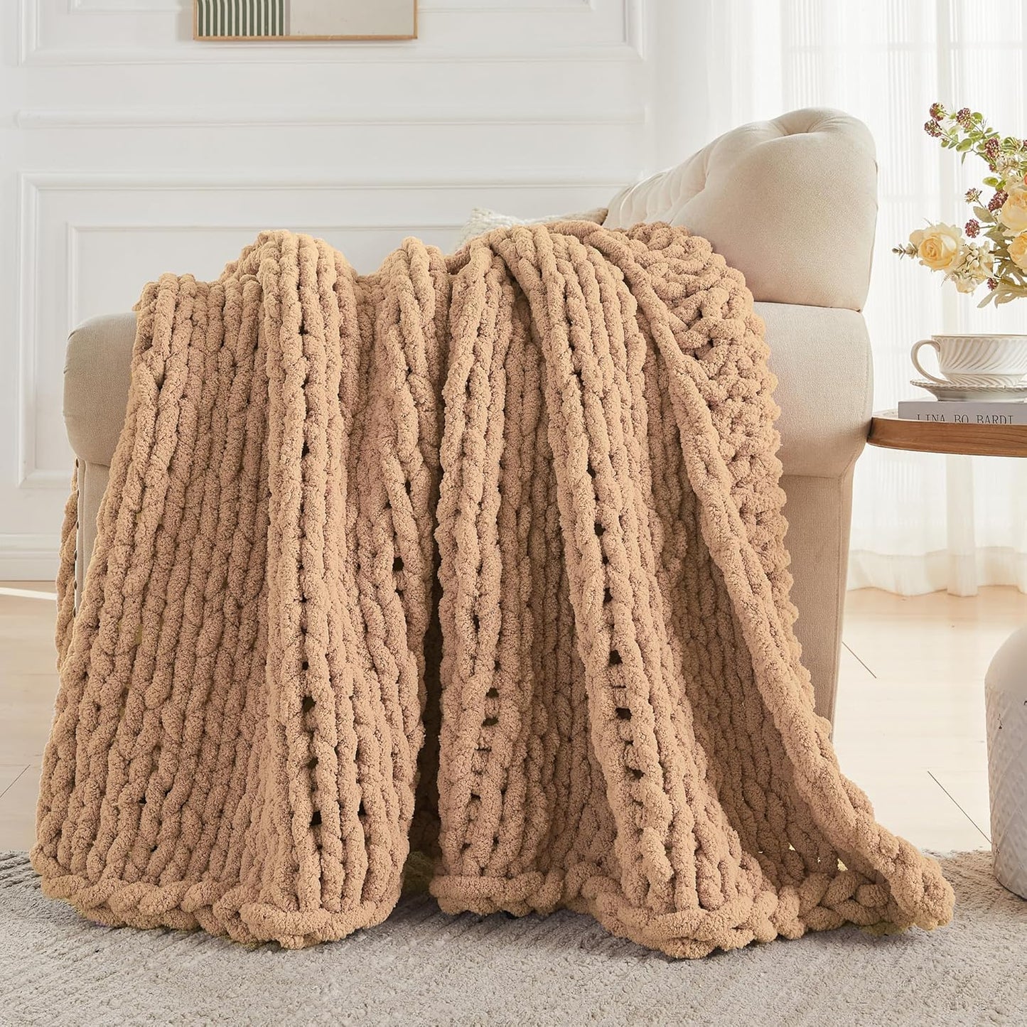 Carriediosa Chunky Knit Throw Blanket 50" X 60", 100% Hand Made Large Chenille Loop Yarn Soft Fluffy Throws for Couch Sofa Bed, Big Crochet Cozy Heavy Thick Cable Woven Blankets, Tan Brown